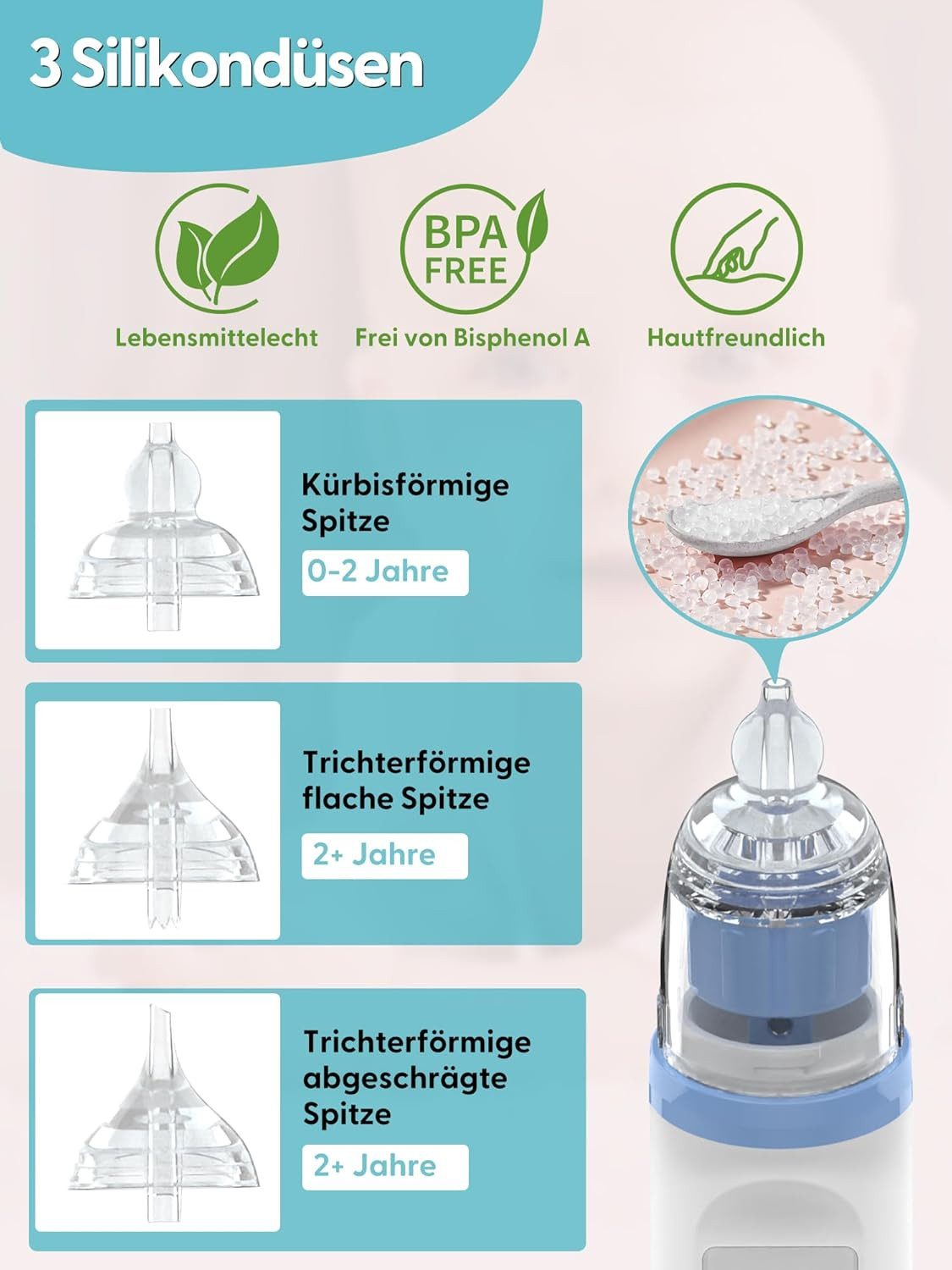 Vivitar Nasensauger für Babys Elektrischer Nasal Aspirator mit 5 Saugstufen, Nasensekret-Absauger für sanfte Nasenreinigung unterwegs und zu Hause, Nasensauger für Neugeborene und Säuglinge – hygienisch und leise, Musik & Licht – wiederaufladbar, IPX6 wasserdicht, BPA-freie