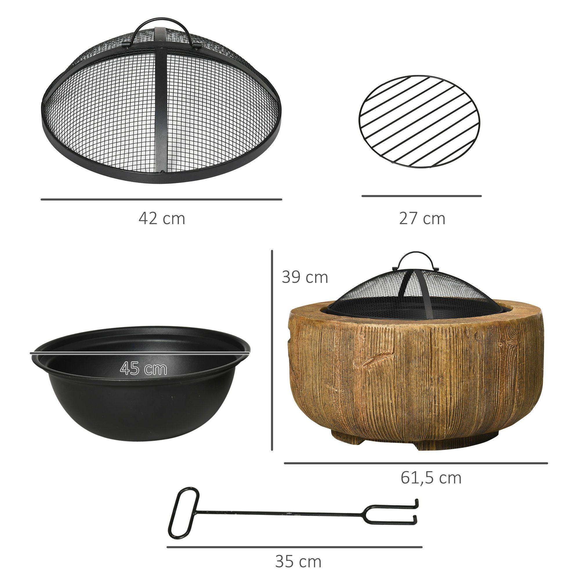 Outsunny Feuerschale mit Schürhaken, im Baumstumpf-Design, (Feuerschale, 1-St., Feuerstelle mit Deckel), Stahl, für Garten, Camping, Braun