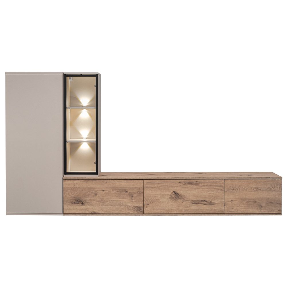 Lomadox Wohnwand CLINTON-164, (Lowboard Kommode Highboard), Eiche Dekor Kaschmir Beige 240 cm Push-to-open LED Beleuchtung