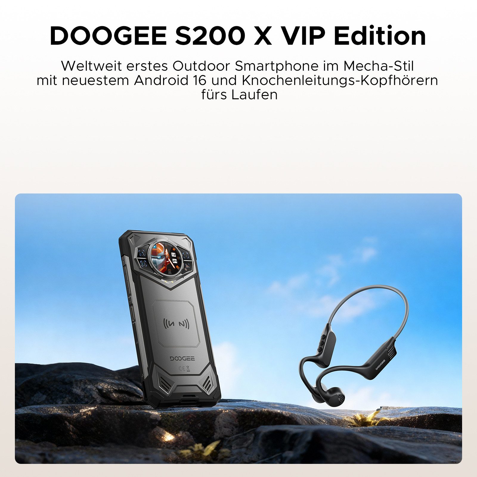 DOOGEE S200X, inkl. Knochenschall-Kopfhörer, 5G 10100mAh Android 16 Outdoor Smartphone (6.72 Zoll, 512 GB Speicherplatz, 100 MP Kamera, 12GB, KI-Assist. & KI-Fotoalb. IP68, 1,32" AMOLED Sekundärdisplay)