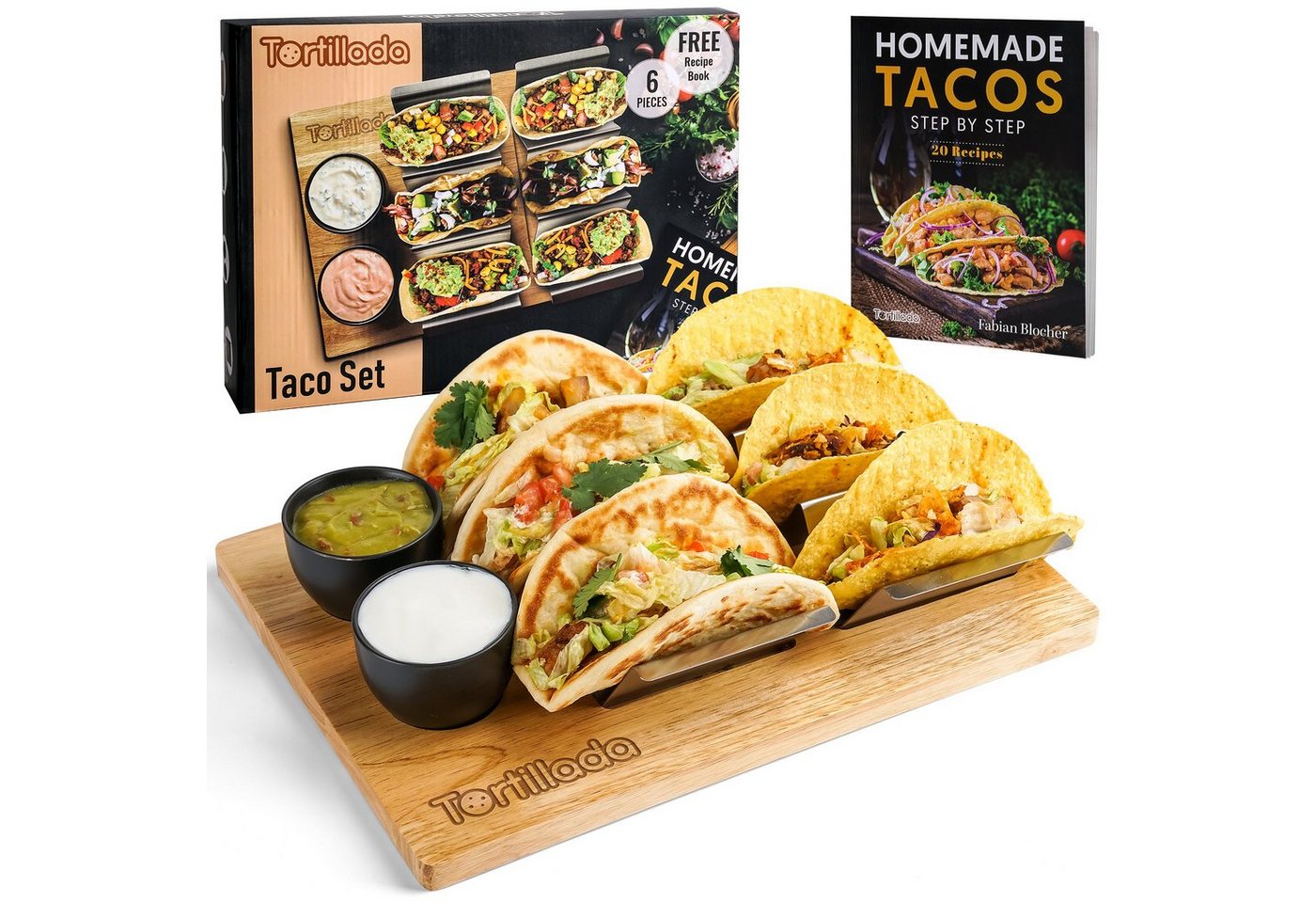 Tortillada Tortillaform Taco- und Hotdog-Halter mit Servierbrett, (Set), für bis zu 6 Tacos, mit Servierbrett und Dipschalen