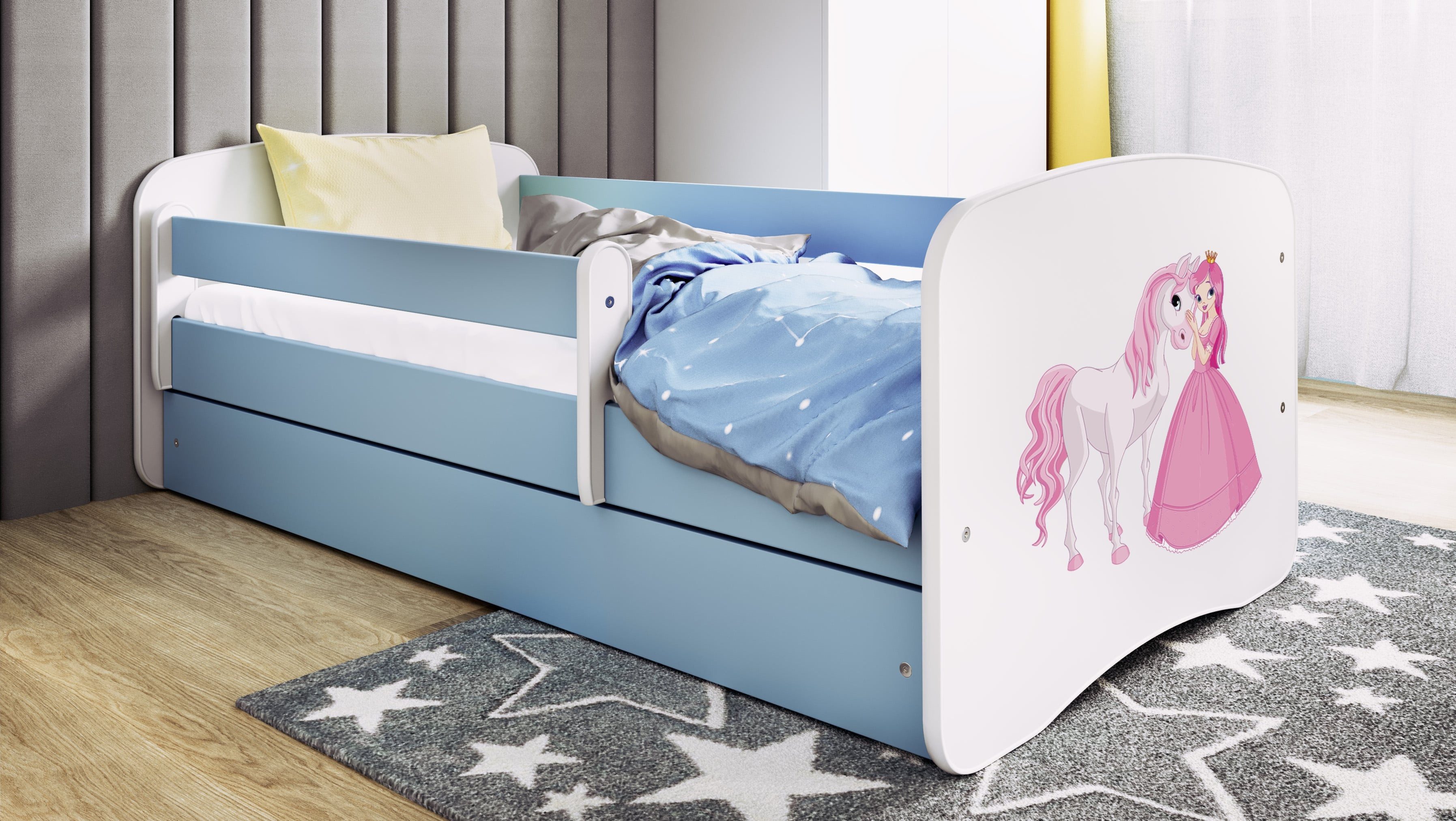 Raumhirsch Furniture Kinderbett 70x140, 80x160, 80x180 cm - Komplettset mit Schublade (Bett für Mädchen, Einzelbett Kinder 2–12, mit Rausfallschutz & Lattenrost), verschiedene Farben & Designs