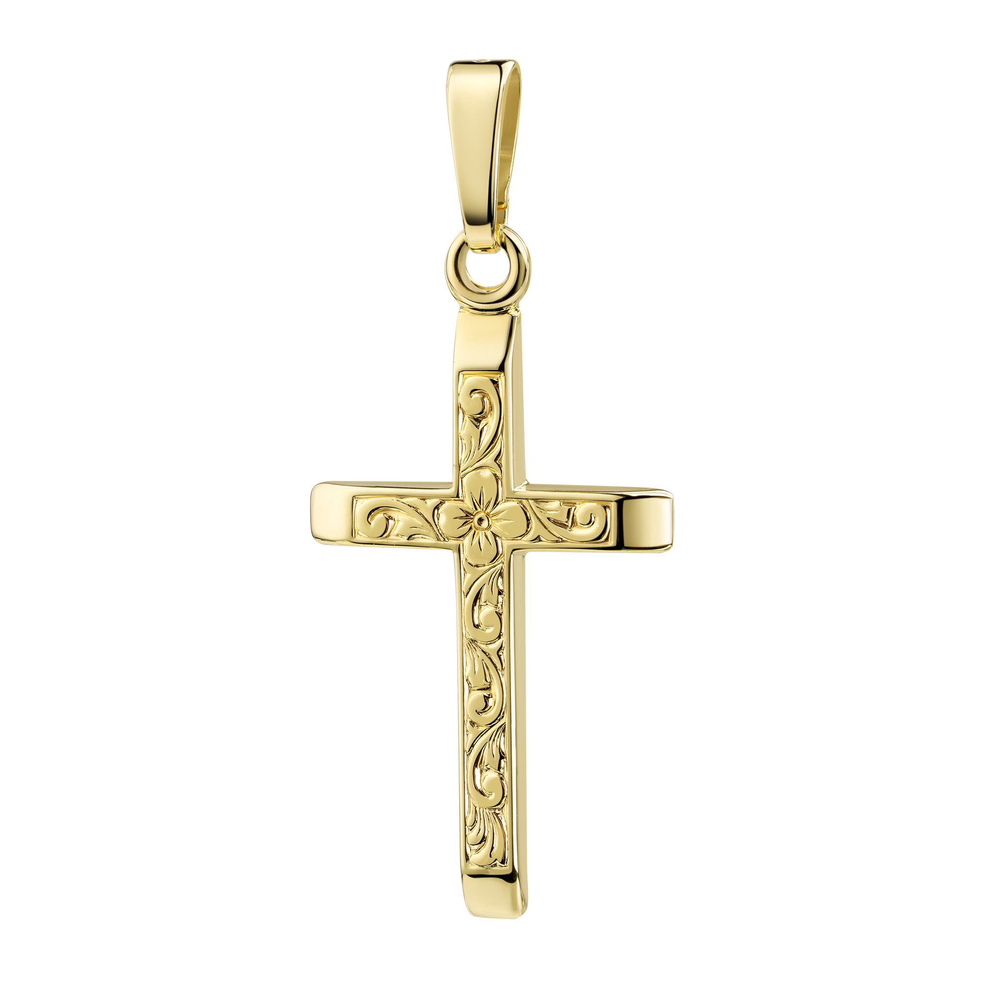 JEVELION Kreuzkette Kreuzanhänger - Pflanzenornament-Verzierung 585 Gelbgold / 14 Karat (Goldkreuz, für Damen und Mädchen), Mit Kette vergoldet- Länge wählbar 36 - 70 cm oder ohne Kette.