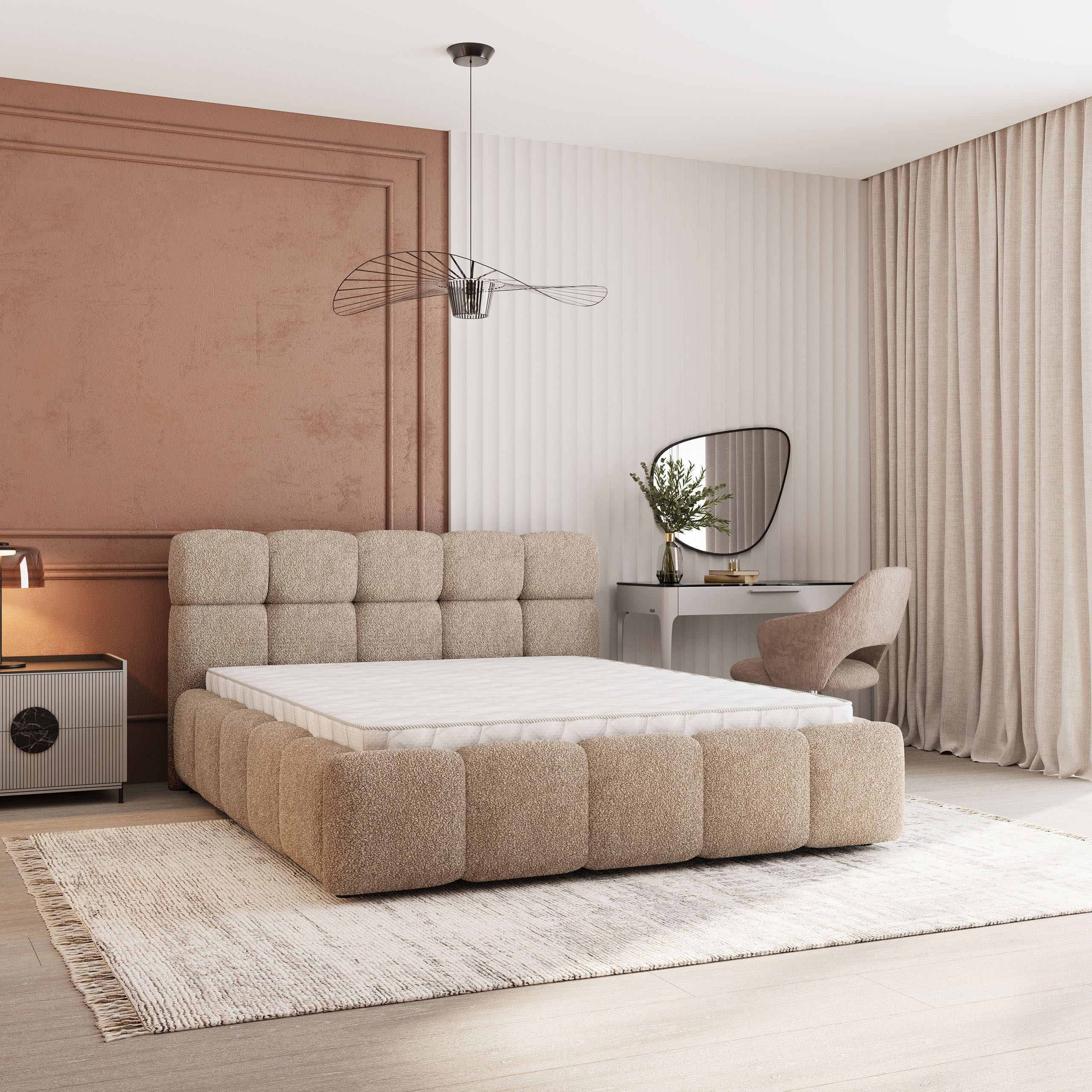 Masseno Polsterbett FARU 200x200 cm beige (mit Bettkasten und Lattenrost)