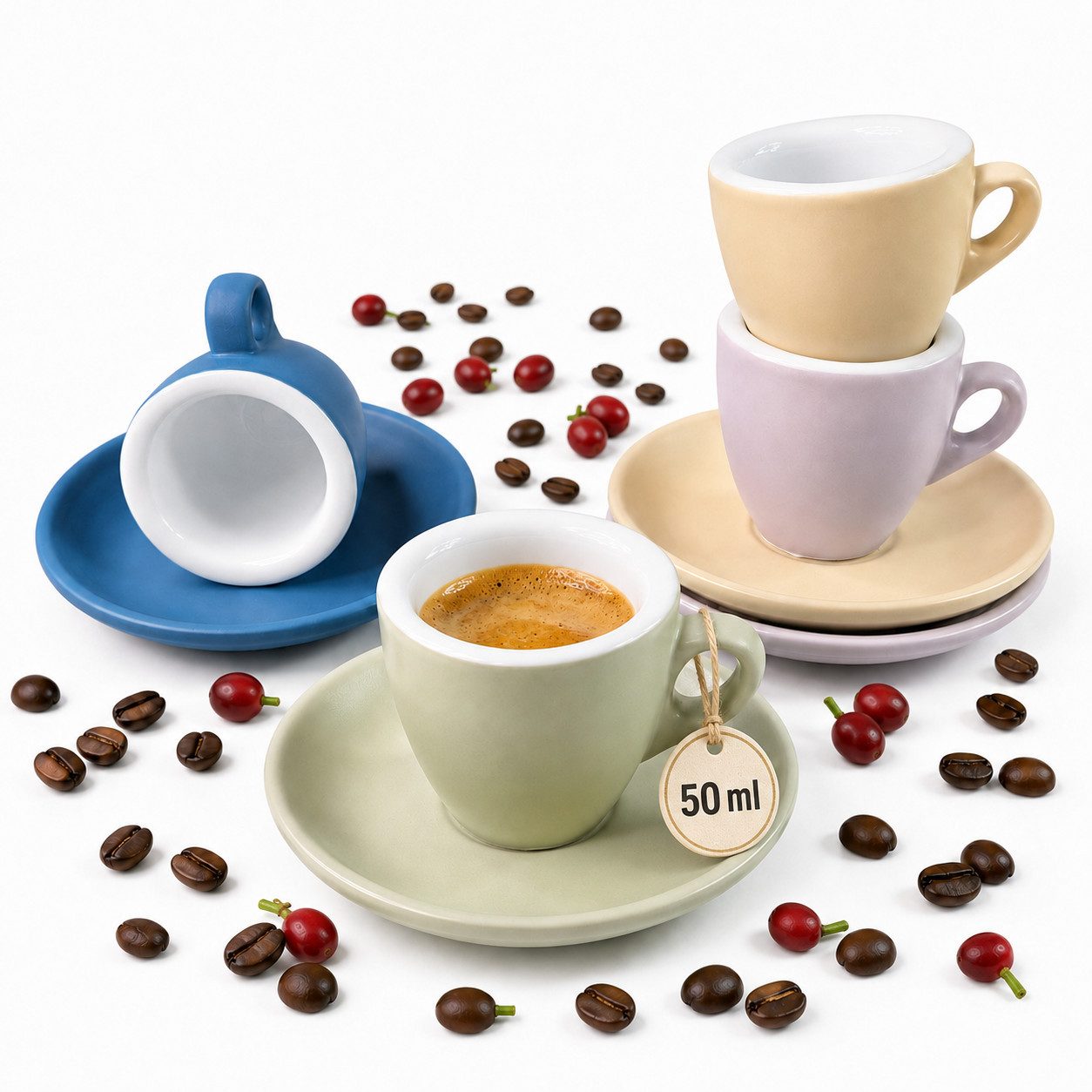 MUVELL Espressotasse Espressotassen 4er Set mit Untertassen, 50ml, Porzellan matt, 4-tlg., Porzellan, verschiedene Farben, Barista-Design, dickwandig, Soft-Touch
