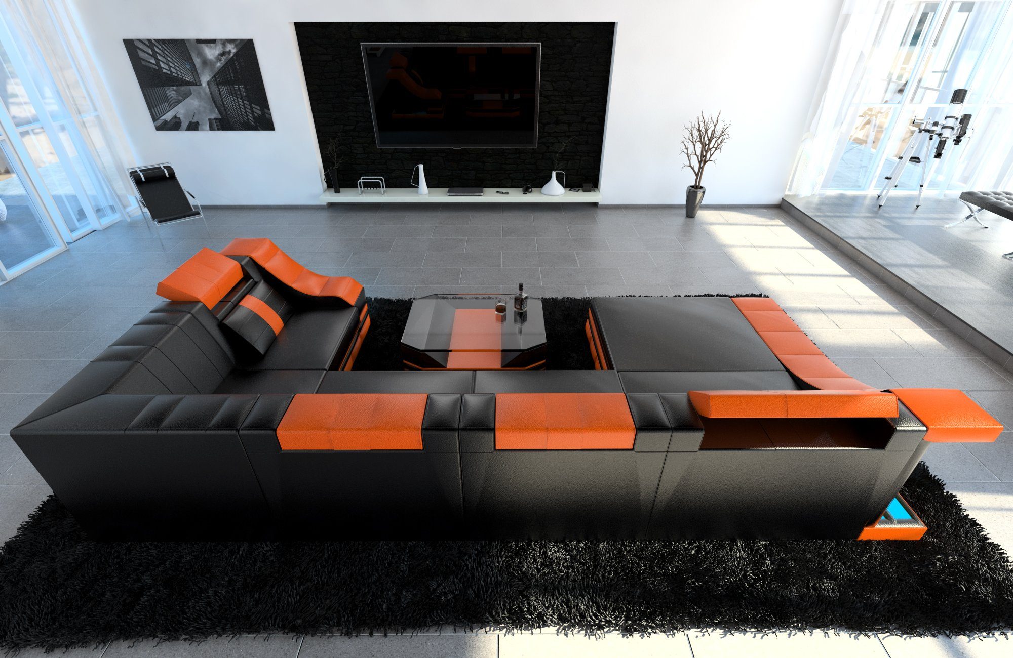 Sofa Dreams Wohnlandschaft Turino - U Form Ledersofa, Couch, mit LED,  wahlweise mit Bettfunktion als Schlafsofa, Designersofa