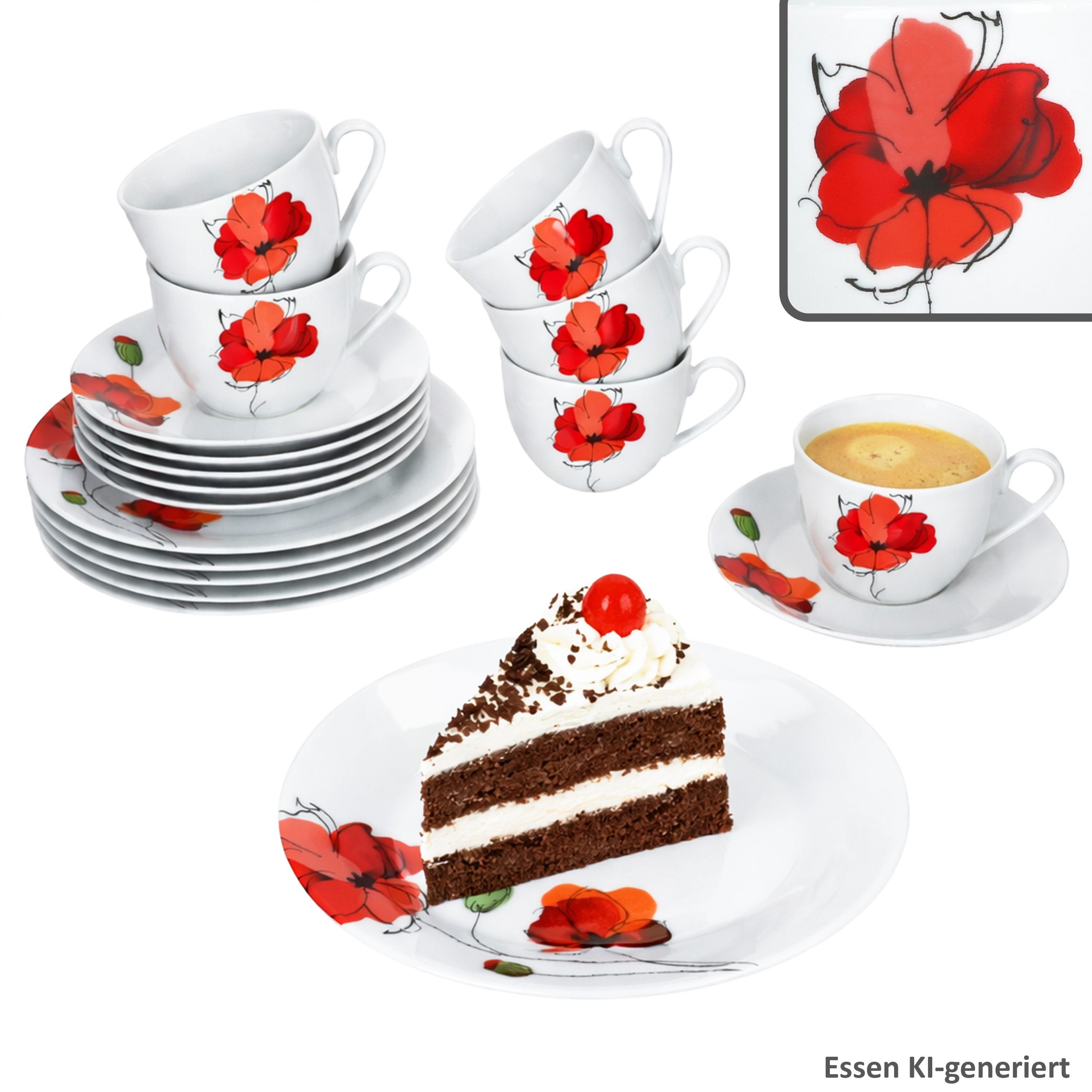MamboCat Kaffeeservice MamboCat Mona 18tlg Kaffeeservice Mohnblüten Tasse Untertasse Teller, Porzellan