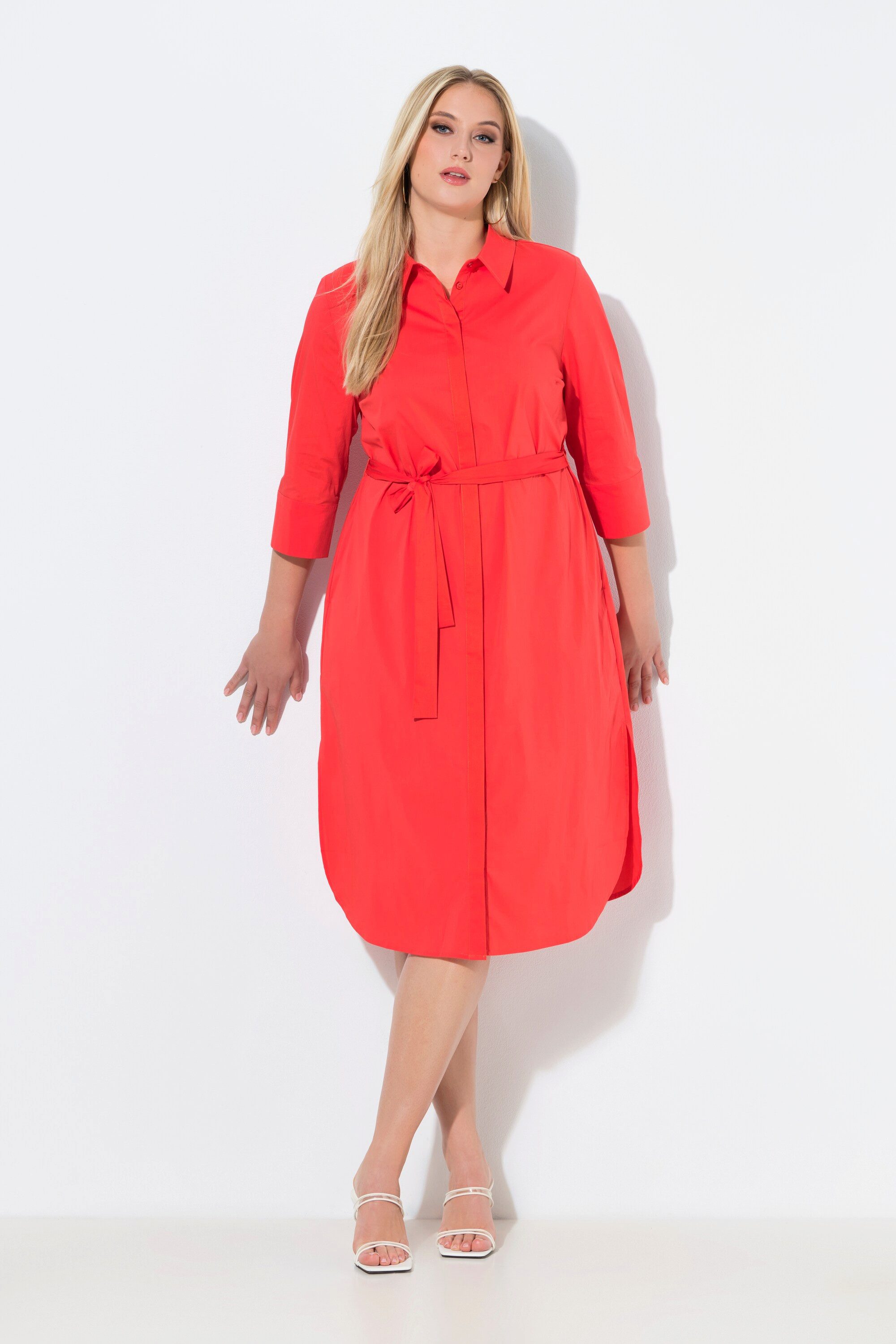 Midikleid Hemdblusenkleid A-Linie Gürtel Hemdkragen 3/4-Arm