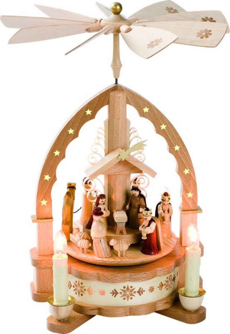 Richard Glaesser Weihnachtspyramide Christi Geburt natur 1-stöckig, elektrisch bel. u. betr., Höhe 30cm, Handwerkskunst original Erzgebirge