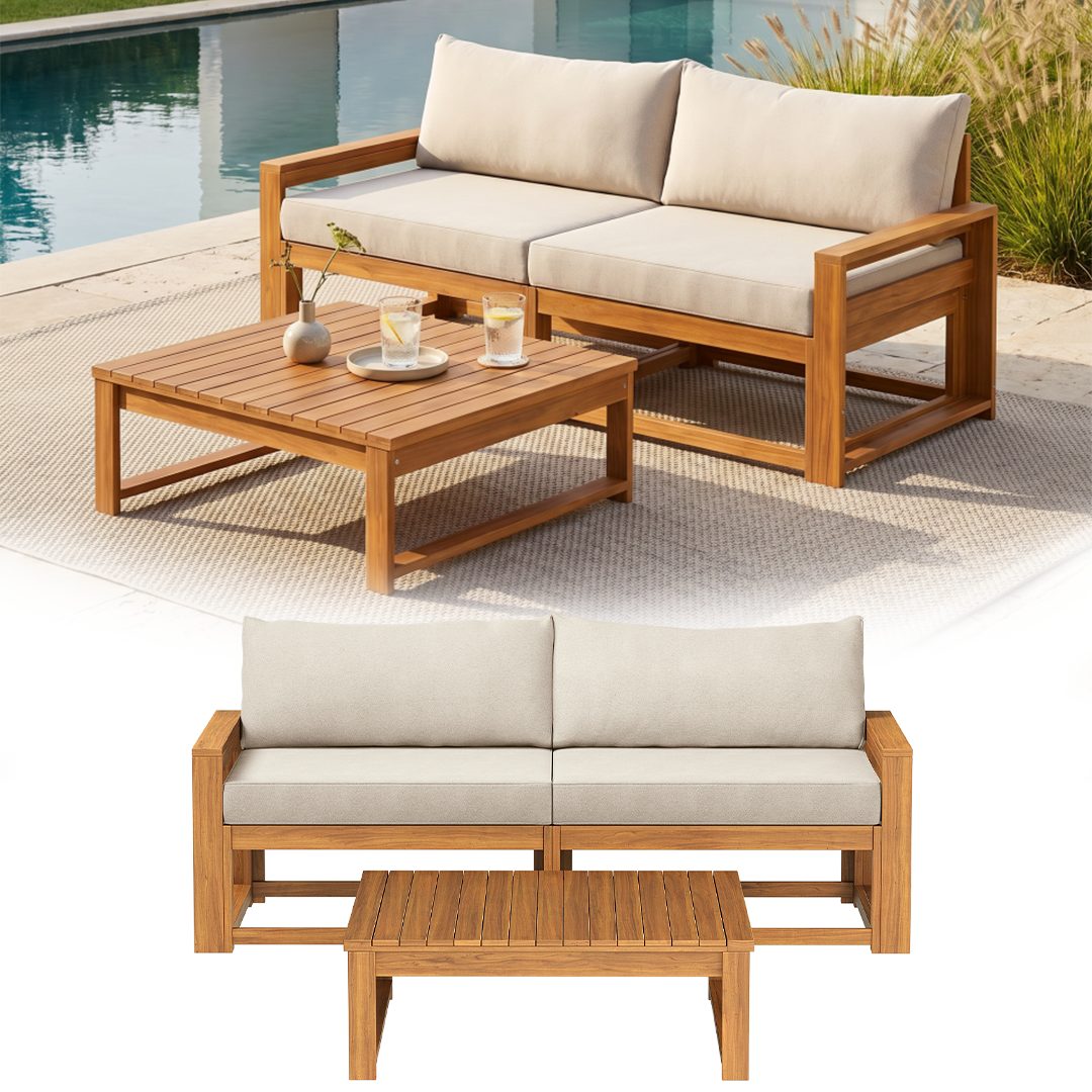 STEELSØN Gartenlounge-Set Mizaru modulares Sofa-Set aus hochwertigem Akazienholz, (Sofabank, mit Tisch), Outdoor Sitzgruppe inkl. Auflagen, vielfältige Stellmöglichkeiten