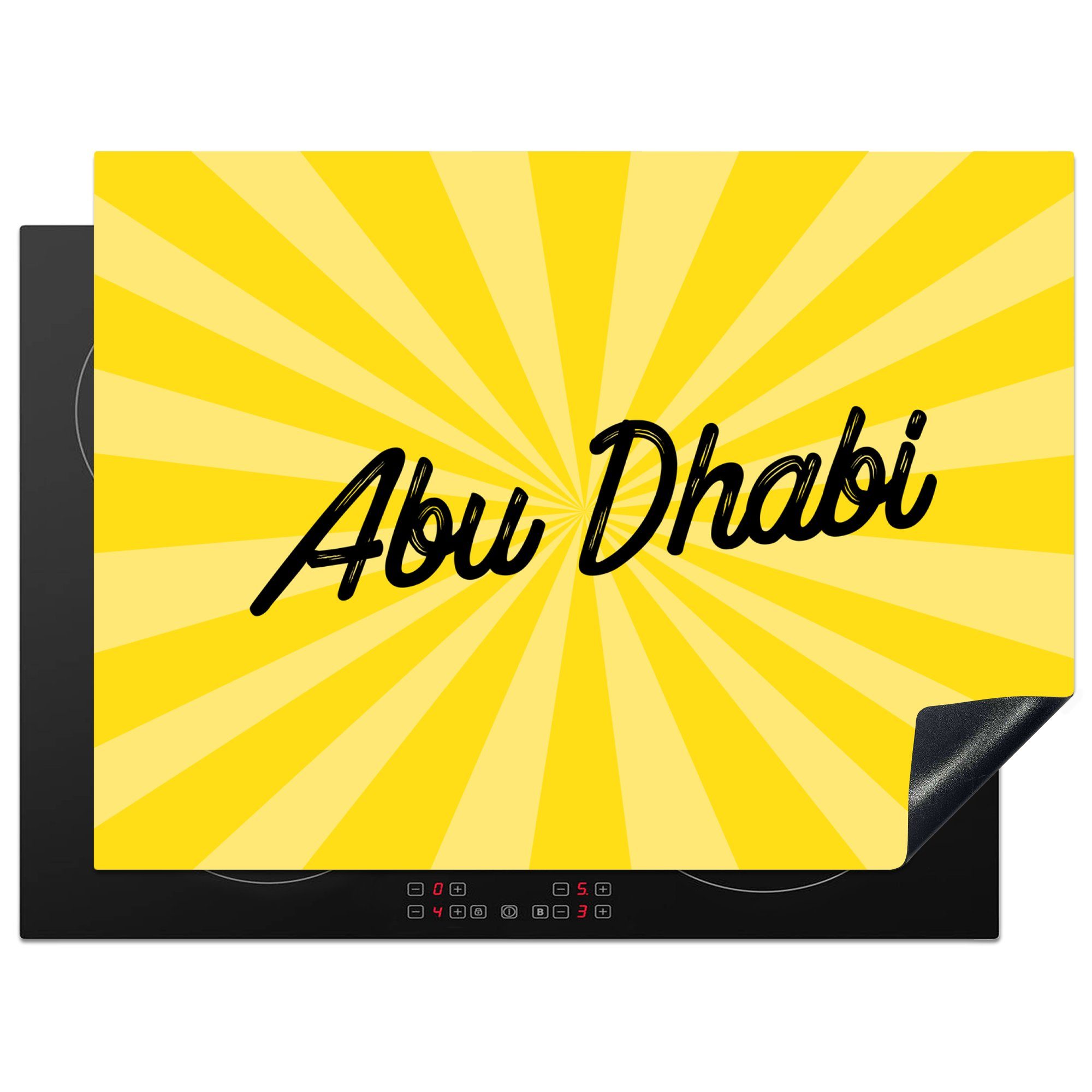 MuchoWow Herdblende-/Abdeckplatte Eine Illustration des Stadtnamens Abu Dhabi vor einem gelben, Vinyl, (1 tlg), 70x52 cm, Mobile Arbeitsfläche nutzbar, Ceranfeldabdeckung