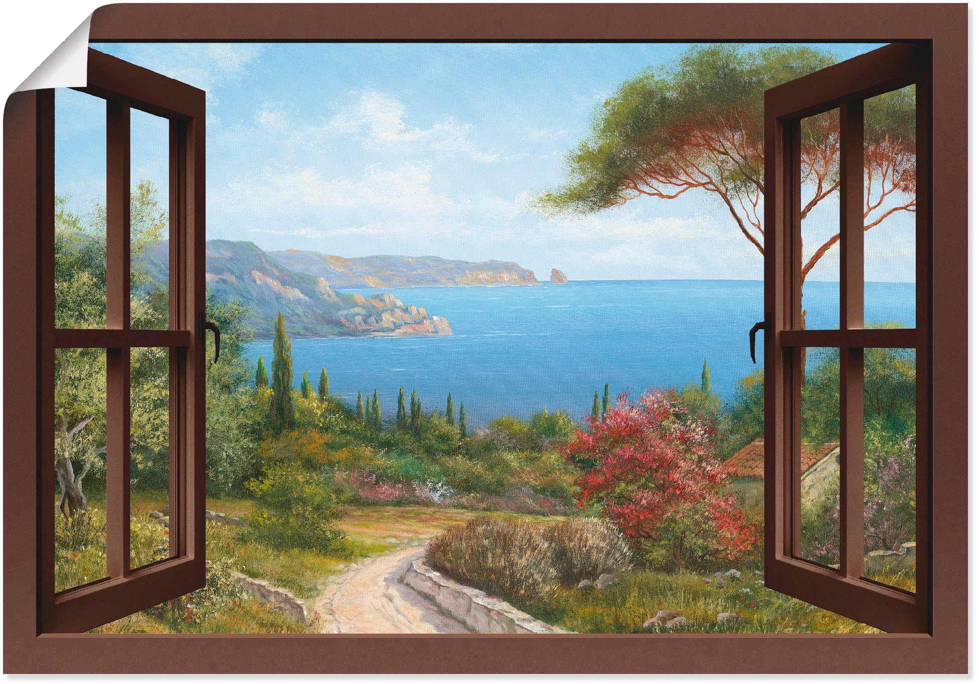 Artland Wandbild Fensterblick Frühlingsmorgen, Fensterblick (1 St), als Leinwandbild, Wandaufkleber oder Poster in versch. Größen braun