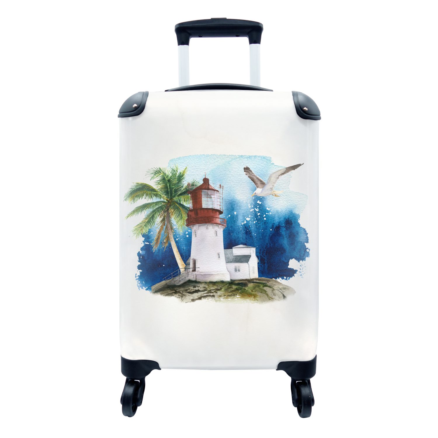 MuchoWow Handgepäckkoffer Aquarell - Leuchtturm - Palme, 4 Rollen, Reisetasche mit rollen, Handgepäck für Ferien, Trolley, Reisekoffer