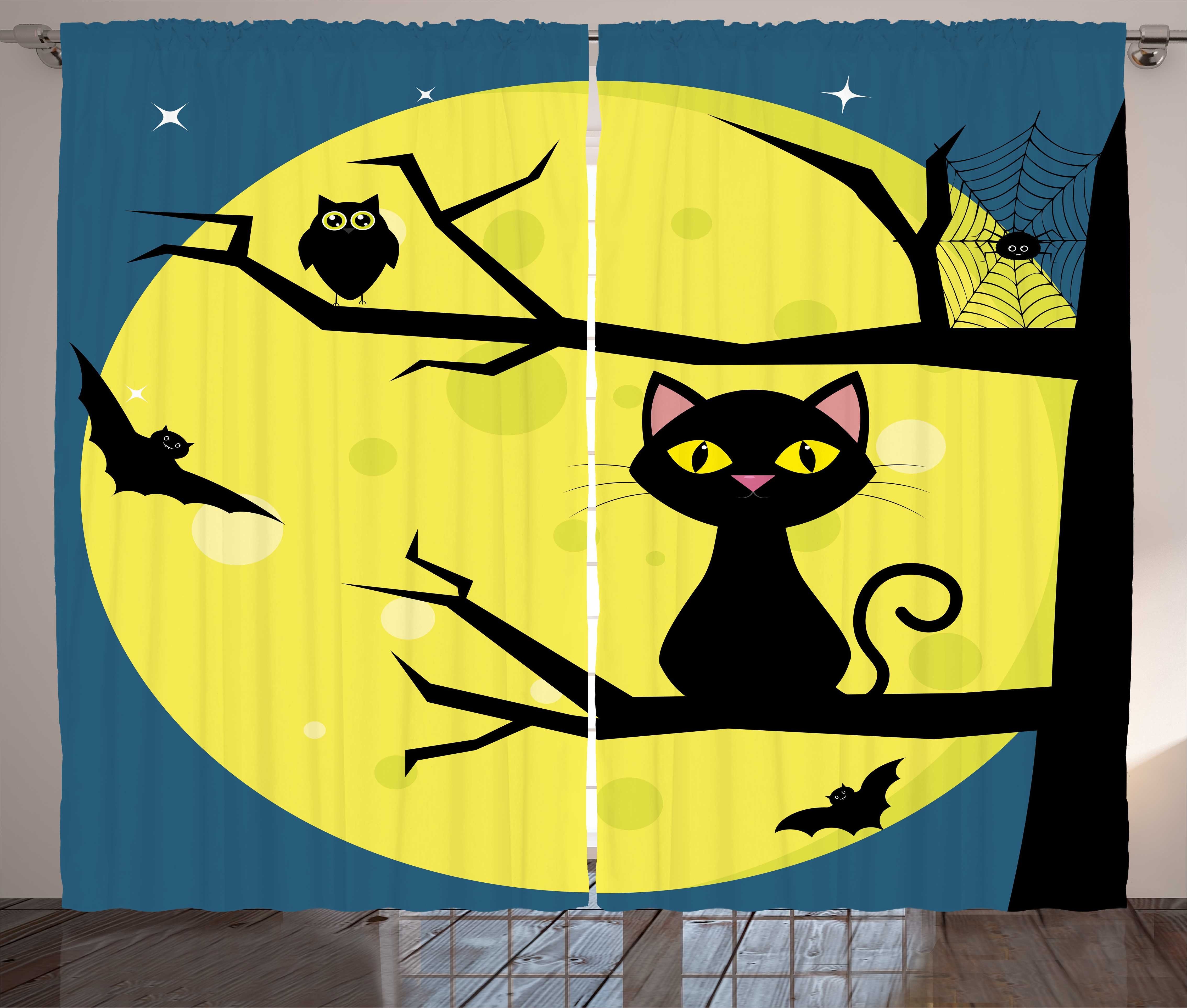 Gardine Schlafzimmer Kräuselband Vorhang mit Schlaufen und Haken, Abakuhaus, Halloween Katzen-und Eulen auf Niederlassungs
