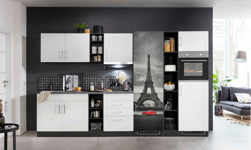 HELD MÖBEL Küchenzeile Paris, mit E-Geräten, Breite 340 cm, mit großer Kühl-Gefrierkombination