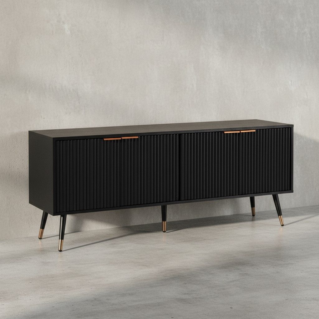 KADIMA DESIGN Lowboard Lowboard Schwarz mit Eiche-Dekor 150x60x39 cm TV-Kommode Modern, (Fernsehkommode Wohnzimmer), Design TV-Schrank Hoch, Fernsehtisch Fernsehschrank mit Türen