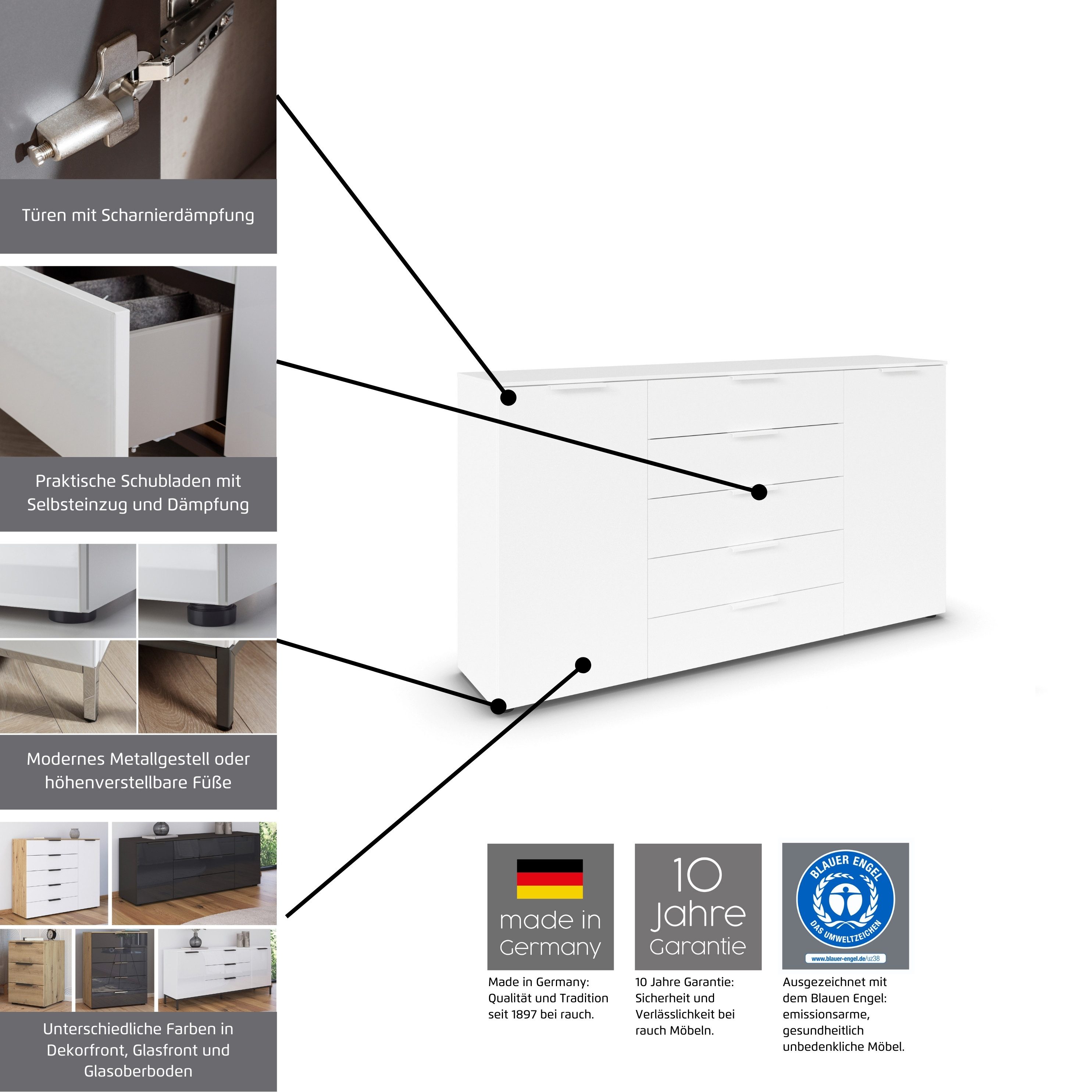 rauch Schubkastenkommode Flipp Schubladenkommode Wäscheschrank Schrank (Breite 160/180 cm mit 4 Einlegeböden), 2-türig mit 5 Schubladen und Soft-Close-Funktion in zwei Breiten