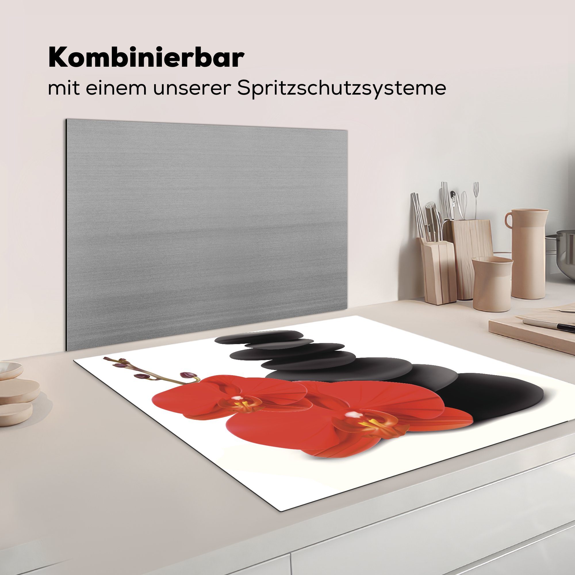 mit Orchidee tlg), roten Herdblende-/Abdeckplatte Arbeitsplatte 78x78 von schwarzen, MuchoWow küche einer (1 Vinyl, Vektor-Illustration Ceranfeldabdeckung, cm, Eine für