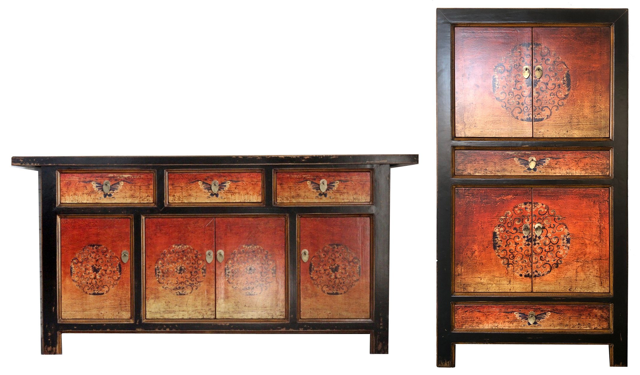 OPIUM OUTLET Wohnzimmer-Set Мебель-Kombination mit Hochzeitsschrank Landhaus-Stil, (Asia Wohnzimmer-Set bestehend aus Sideboard und Schrank schwarz-orange; komplett montiert, 2-St), chinesisch asiatisch orientalisch vintage Schrank Kommode Sideboard