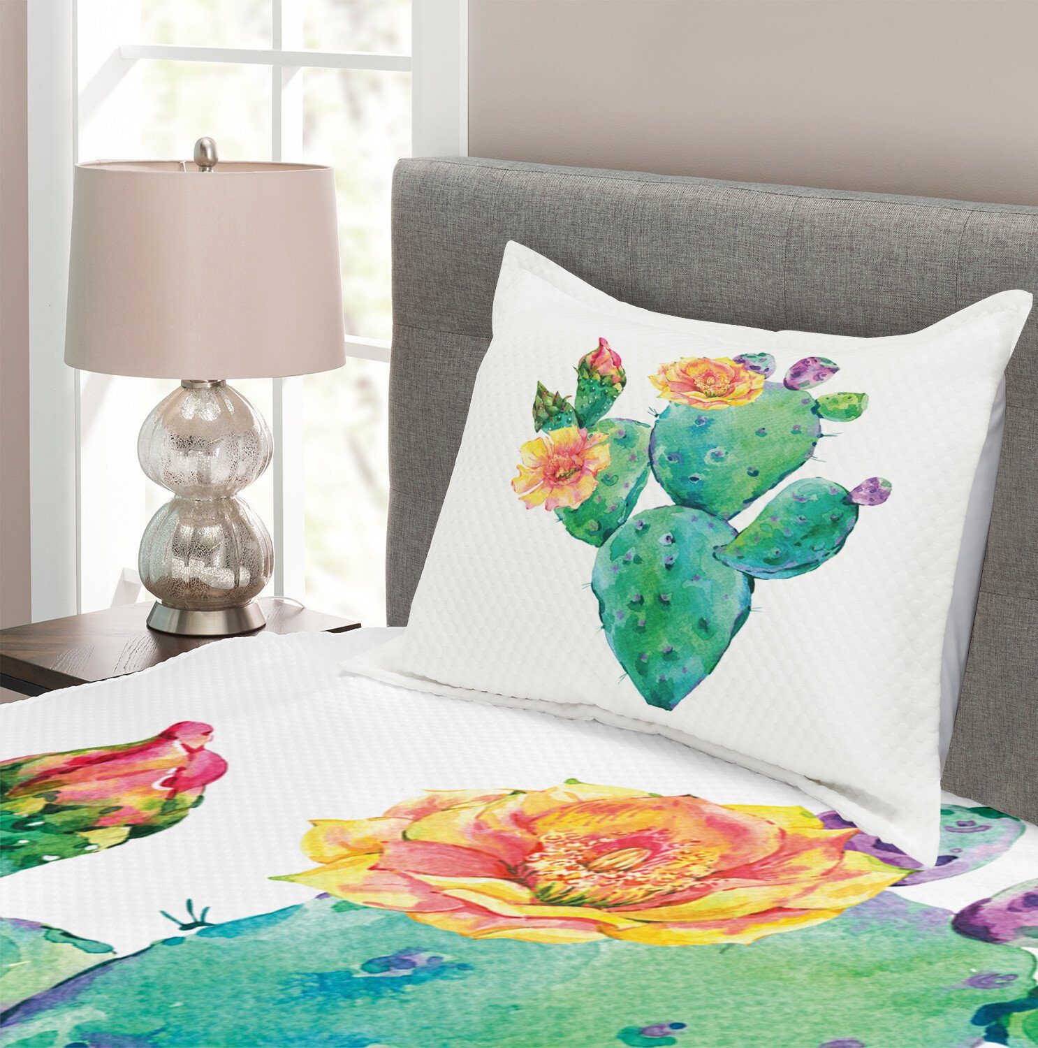 Blumen Kaktus Farbe mit mit Tagesdecke Set Natürliche Kissenbezügen Waschbar, Abakuhaus,