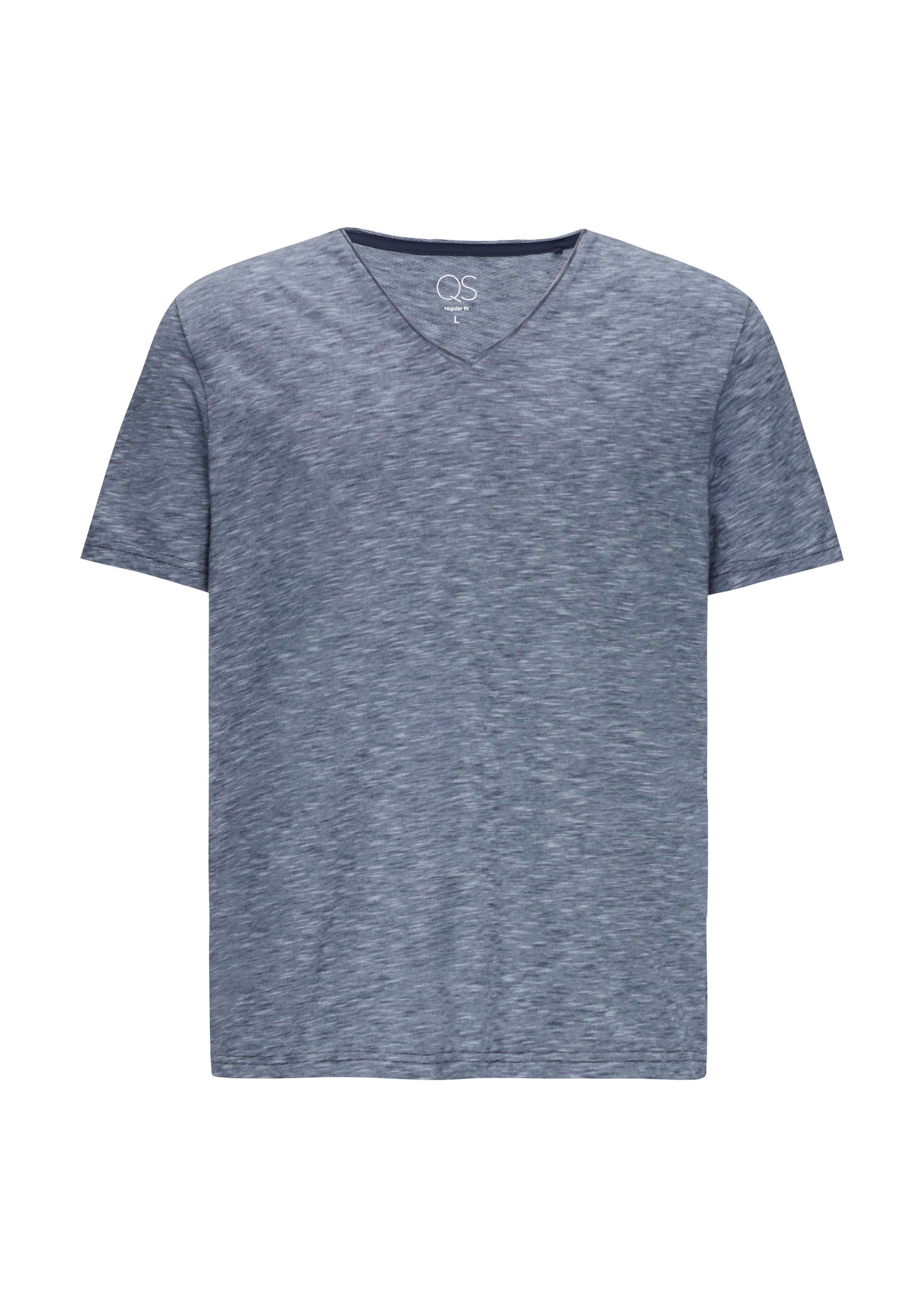 QS Kurzarmshirt T-Shirt Meliertes Baumwollshirt mit V-Ausschnitt