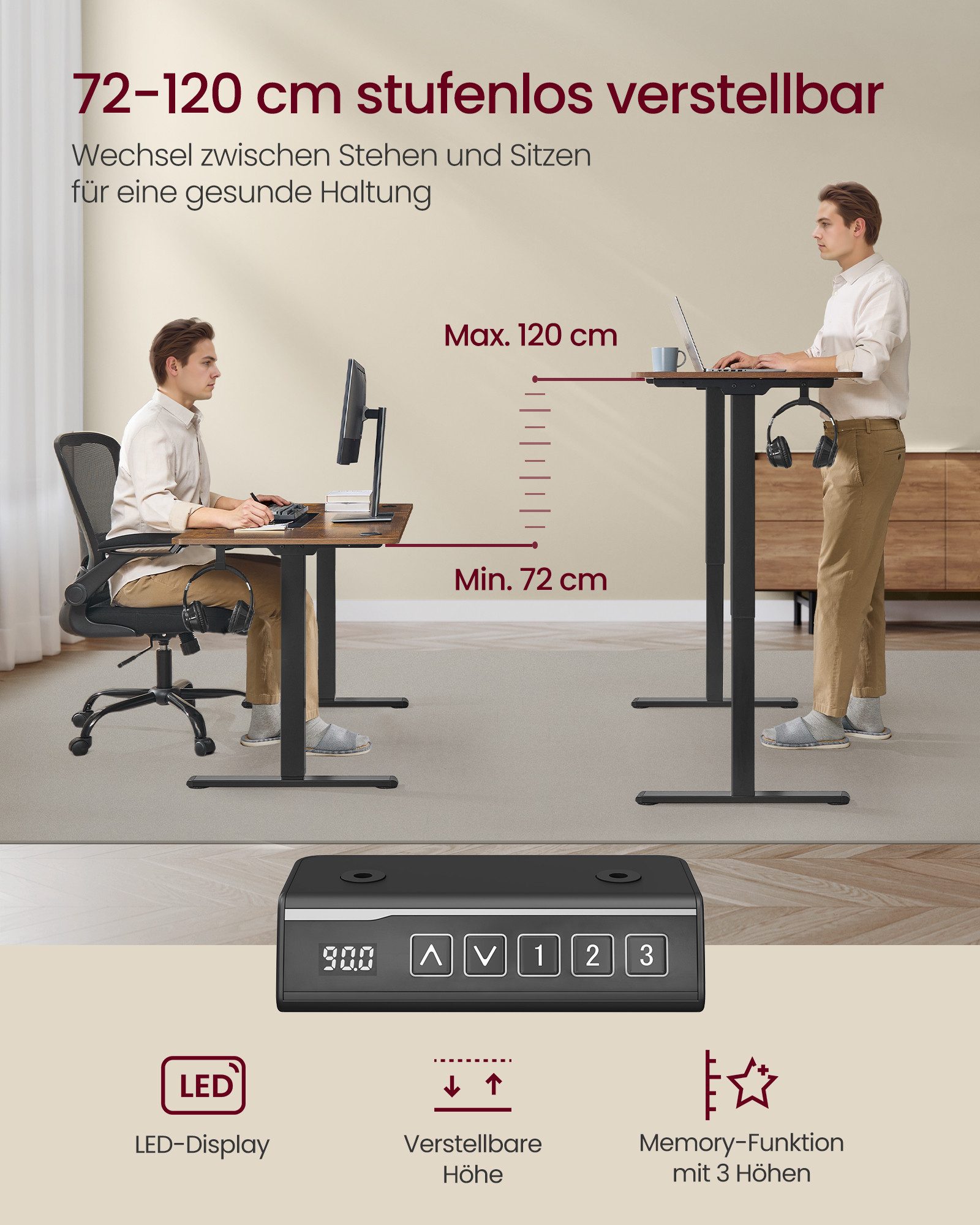 VASAGLE Schreibtisch Höhenverstellbarer Tischgestell, Elektrisch, mit 2 Haken, 4 Rollen, Memory-Funktion mit 3 Höhen – Bild 4 von 5