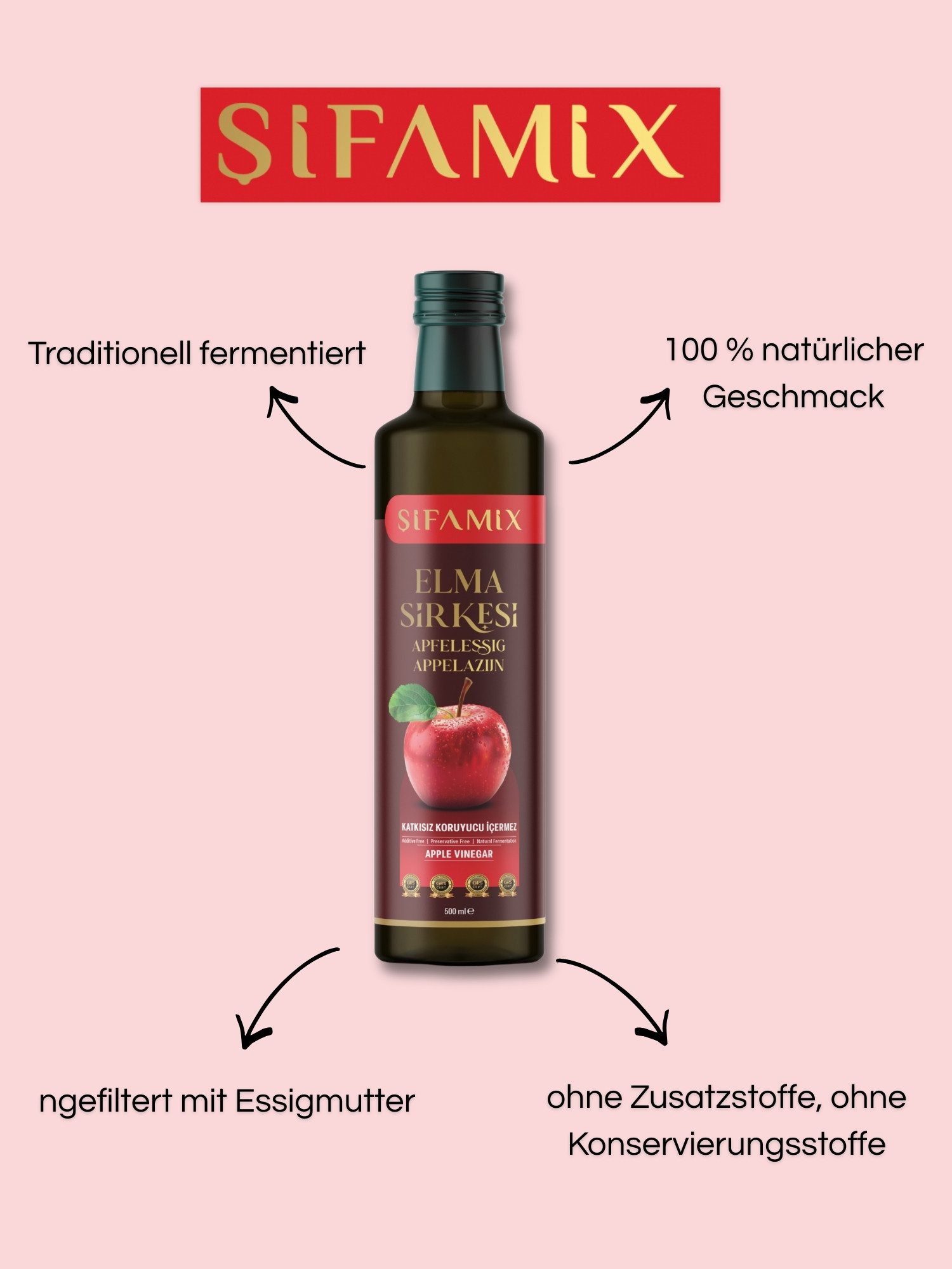 ADELSHOP Essig Sifamix Natürlicher Apfelessig - Traditionell Fermentiert, 500 ml, Naturtrüb, mit Essigmutter, ohne Zuckerzusatz