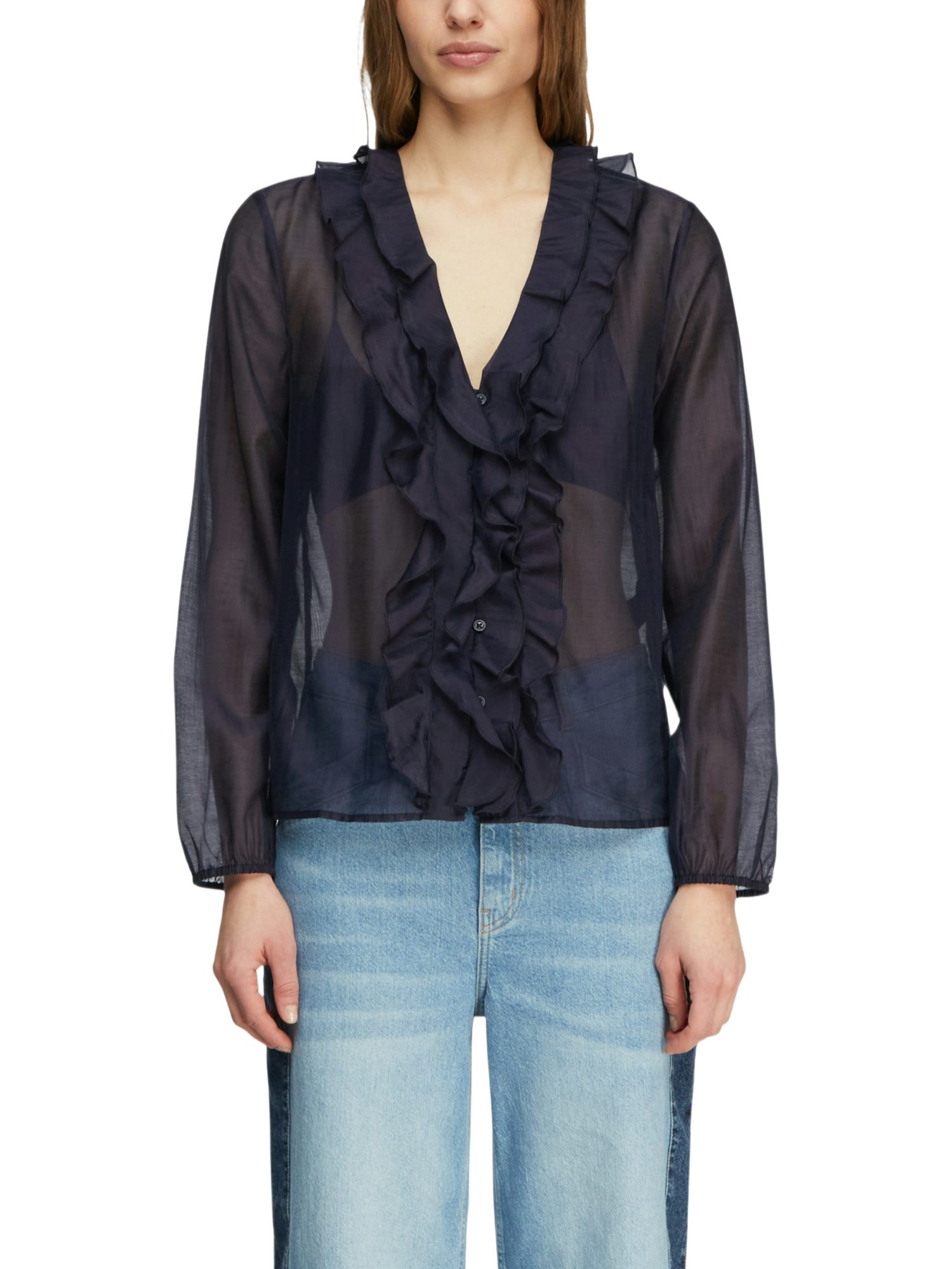 comma Langarmbluse schwarz,Casual,Lyocell,Unifarben,V-Ausschnitt,Lang,Gerade