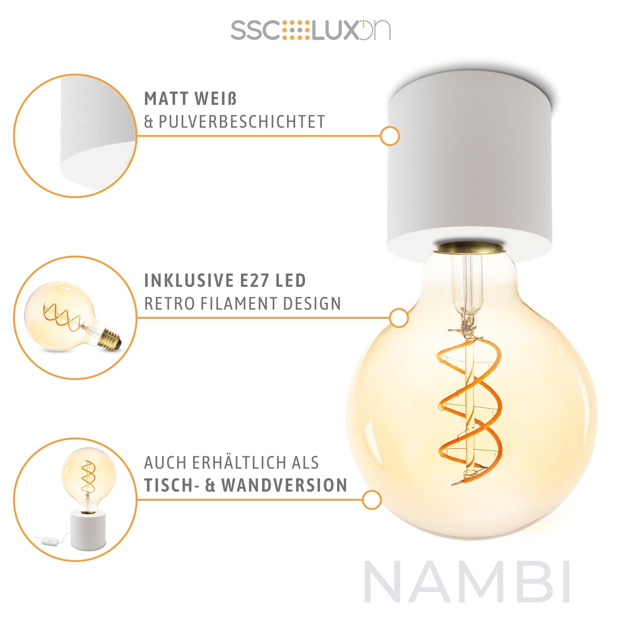 NAMBI E27 Aufbauleuchte SSC-LUXon Globe weiss Decken Filament Aufbauleuchte Birne, LED Warmweiß mit
