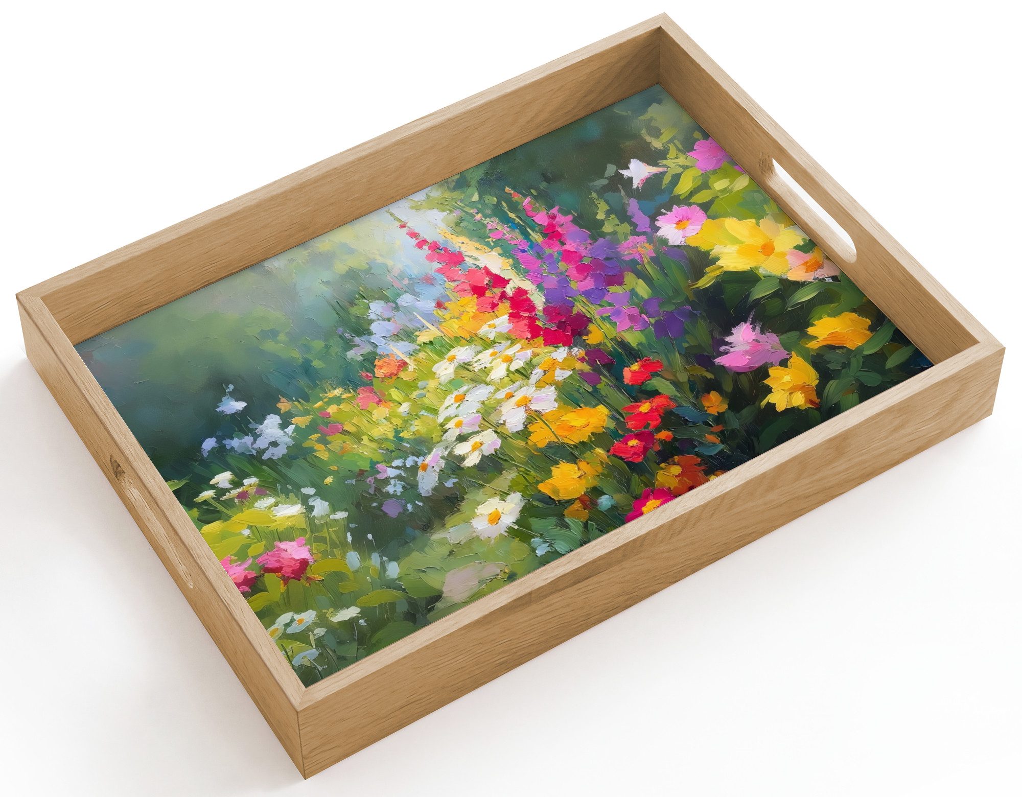 OnlyWow Tablett Rechteckig mit Henkel Sommergarten - Atmosphärisch - Blumen, Eichenholz, (1-tlg), Siervierplatte, Tray, Frühstücksbrett