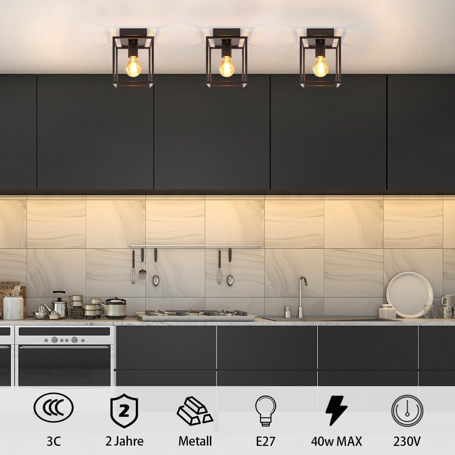Leuchtmittel Schlafzimmer, Küchenlampe Retro ZMH für Schwarz ohne industrial Deckenleuchte