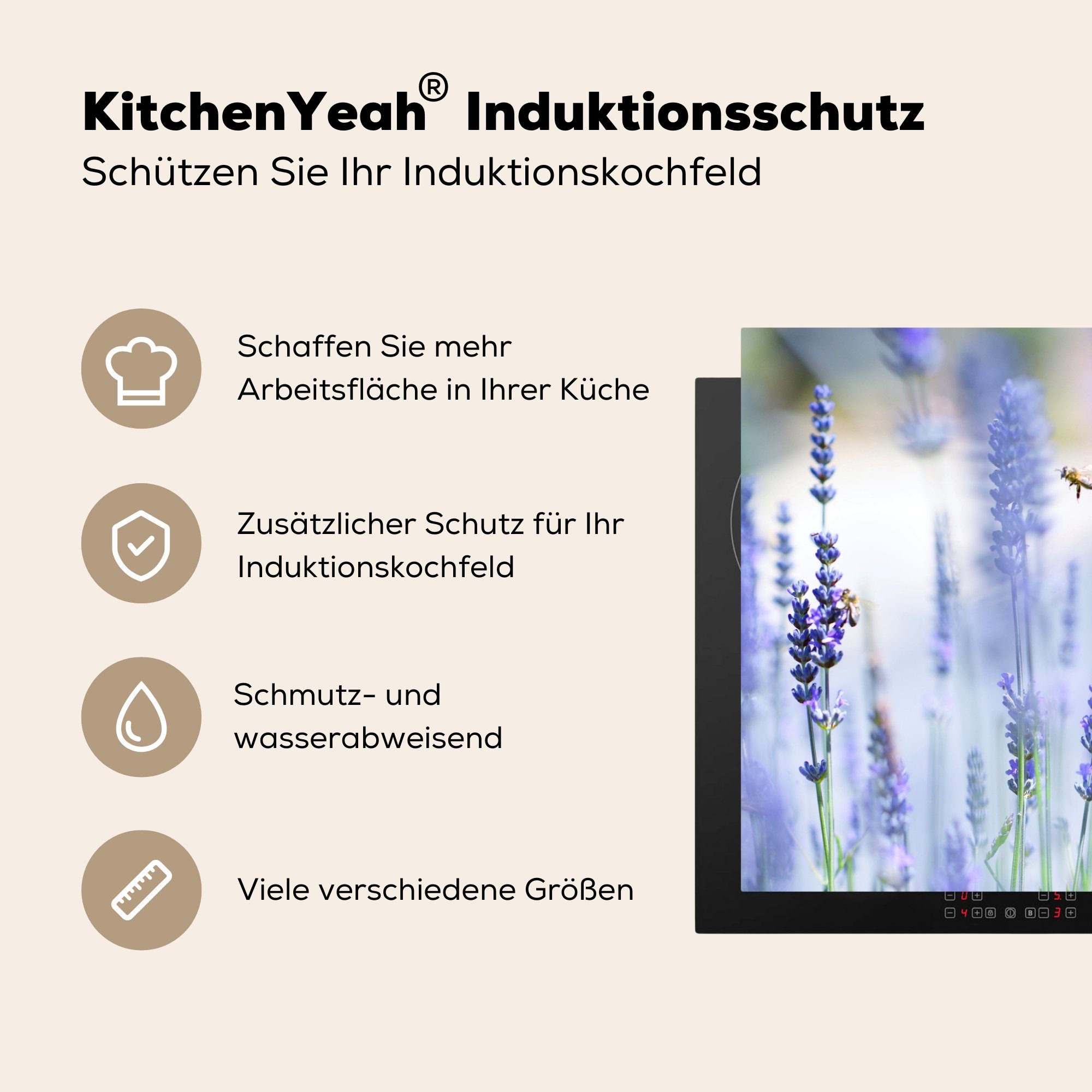 Bienen in Lavendelfeld, Herdblende-/Abdeckplatte einem Schutz Ceranfeldabdeckung (1 MuchoWow Vinyl, für Induktionskochfeld cm, 81x52 küche, tlg), die