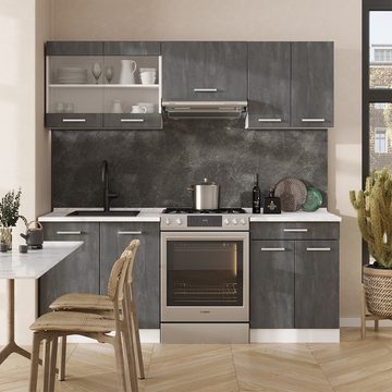Livinity® Küchenzeile R-Line, Schwarz Beton/Weiß, 200 cm ohne Arbeitsplatte