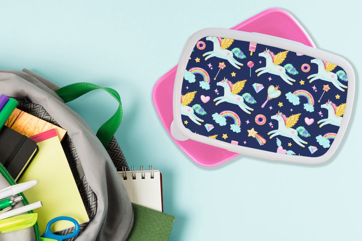 MuchoWow Lunchbox Einhorn - Regenbogen Brotdose Muster, Snackbox, - - Mädchen, Brotbox rosa Erwachsene, Diamant (2-tlg), für Kunststoff Kinder, Kunststoff