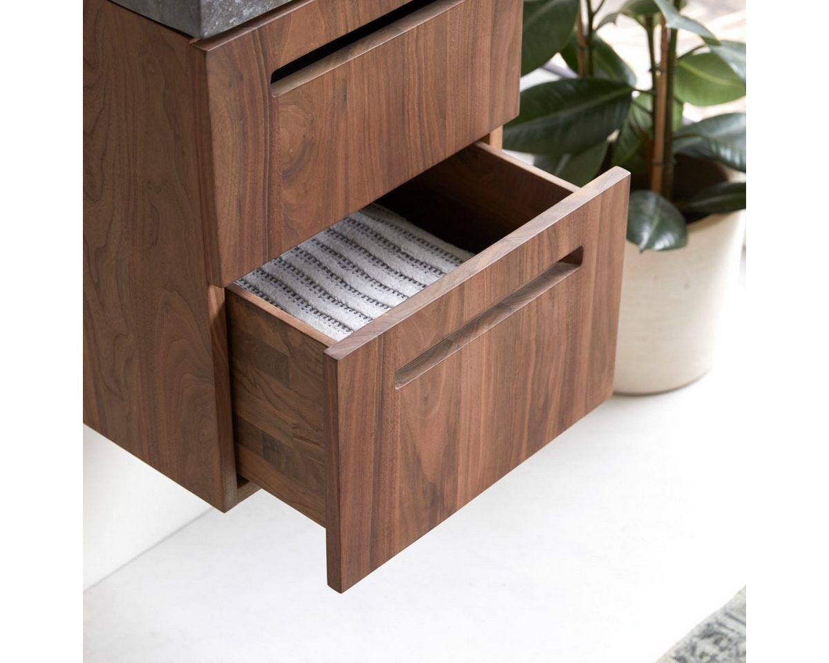Thumbnail - Tikamoon Waschtisch Line Badezimmerschrank aus Nussbaum massiv und Marmor 40 cm