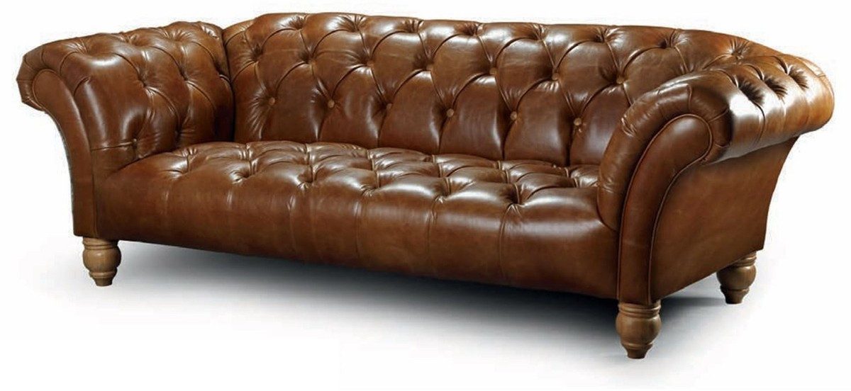 Casa Padrino Chesterfield-Sofa Casa Padrino Luxus Chesterfield Echtleder 2er Sofa Braun 207 cm