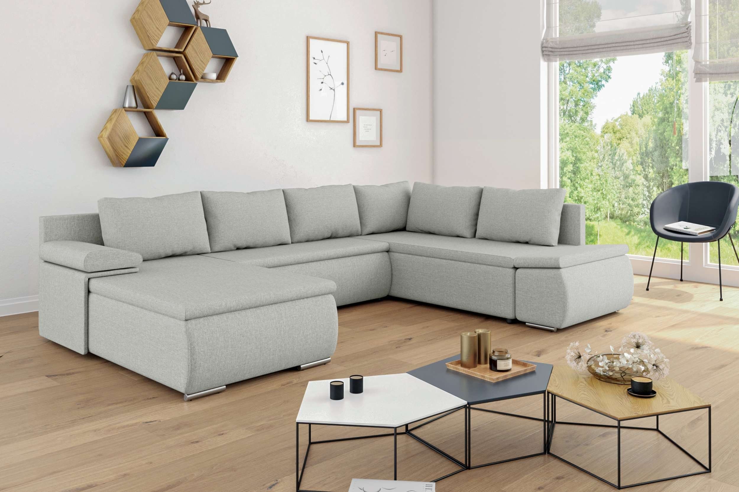 Nessi, Raum Modern Sofa, Design, Bettfunktion rechts Bettkasten, mit mit U-Form, frei Stylefy stellbar, und oder im links mane bestellbar, Wohnlandschaft Wellenfederung