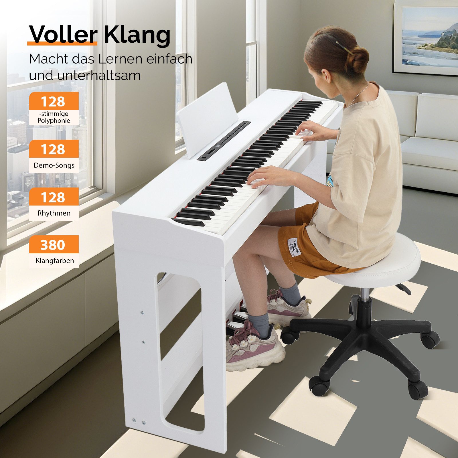 VINGLI Digitalpiano GDP-104 E Piano 88 Tasten, vollgewichtete Tastaturen, Dual Bluetooth, Digitalpiano mit Klavierständer, Weiß/Schwarz/Schwarznussbraun – Bild 5 von 5