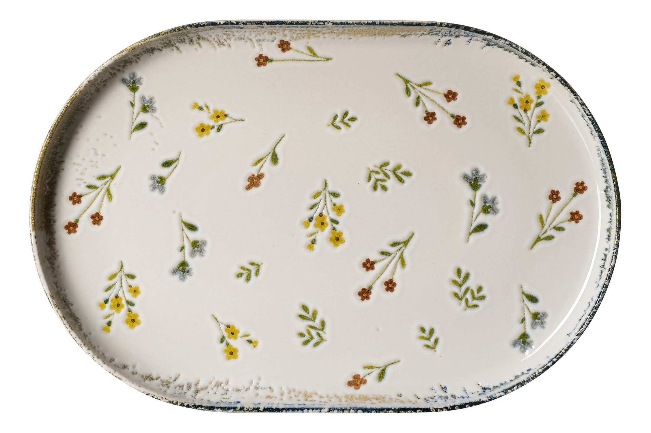 Ritzenhoff & Breker Servierplatte Viola Platte oval 30x20 cm Steinzeug Streublümchen Dekor, Steinzeug, (1-tlg), verwittert wirkende Kanten