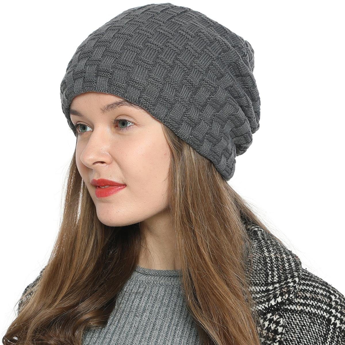 Teddyfleece mit Wintermütze, grau und Slouch 1-St) DonDon (Packung, Damen mit Beanie Flechtmuster Innenfutter Style Beanie Winter Beanie