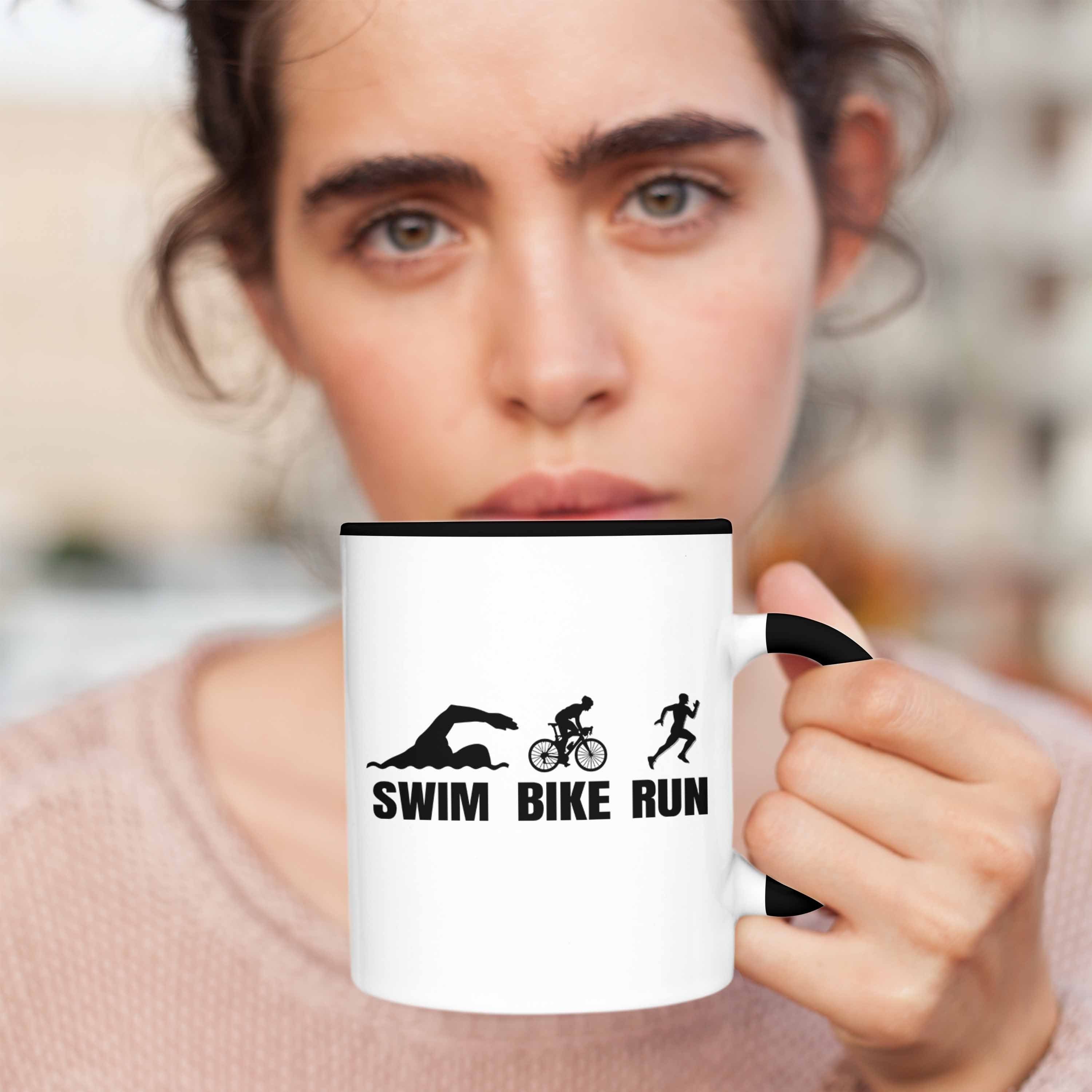 Trendation Bike Triathlon Tasse Swim Geschenk Spruch Tasse Geschenkidee für Sportl Schwarz Run