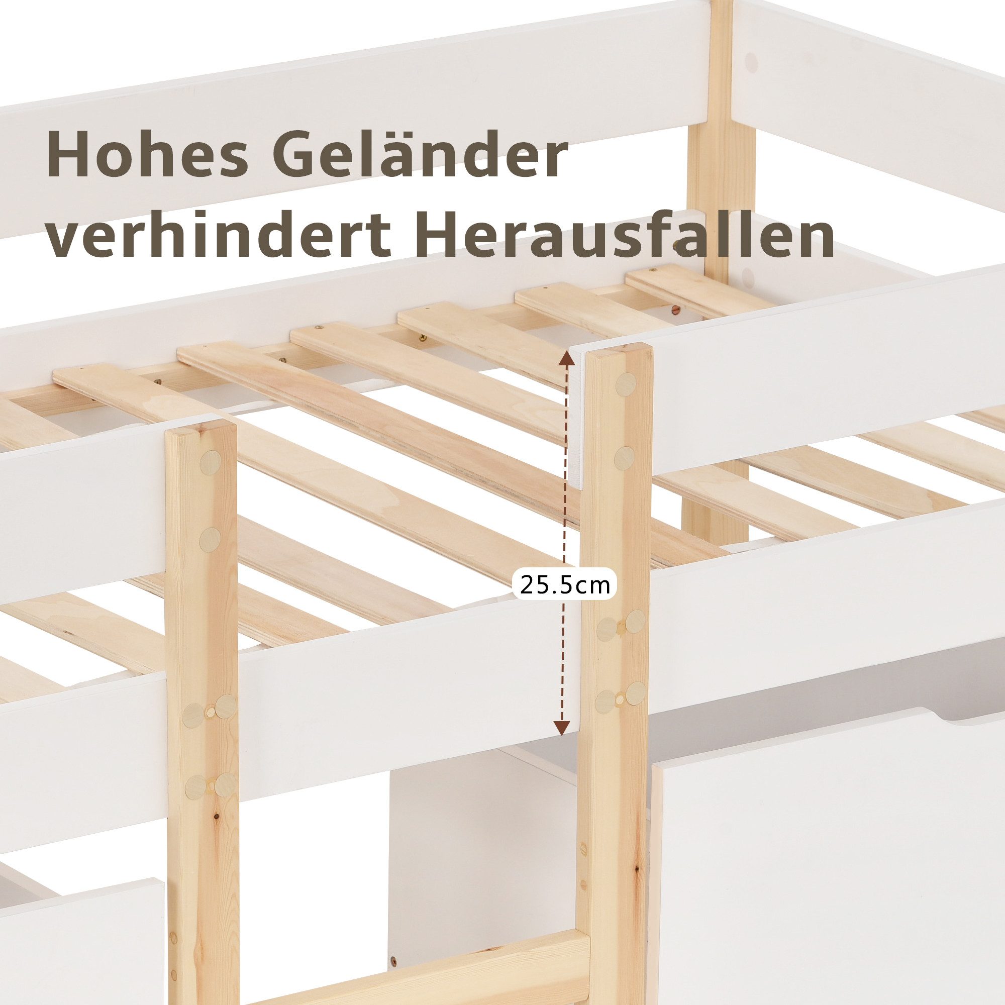 Merax Hochbett mit Schubladen, Kinderbett Kiefer mit Leiter, Einzelbett 90x200cm