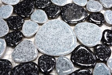 Mosani Mosaikfliesen Kieselmosaik Pebbles Keramikdrops grau schwarz Spots Fliesenspiegel