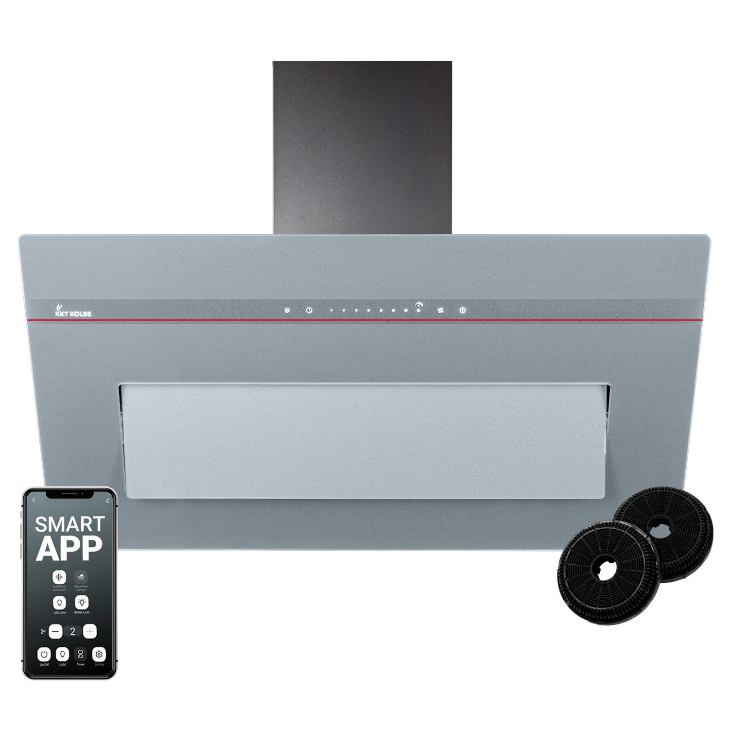 KKT KOLBE Wandhaube Dunstabzugshaube 90cm PLOOM9005G RGBW Ambientebeleuchtung Dunstabzugshaube 90cm PLOOM9005G RGBW Ambientebeleuchtung, Kopffrei / 90cm / Smarte WiFi-App / Grau / Glas / Schräghaube
