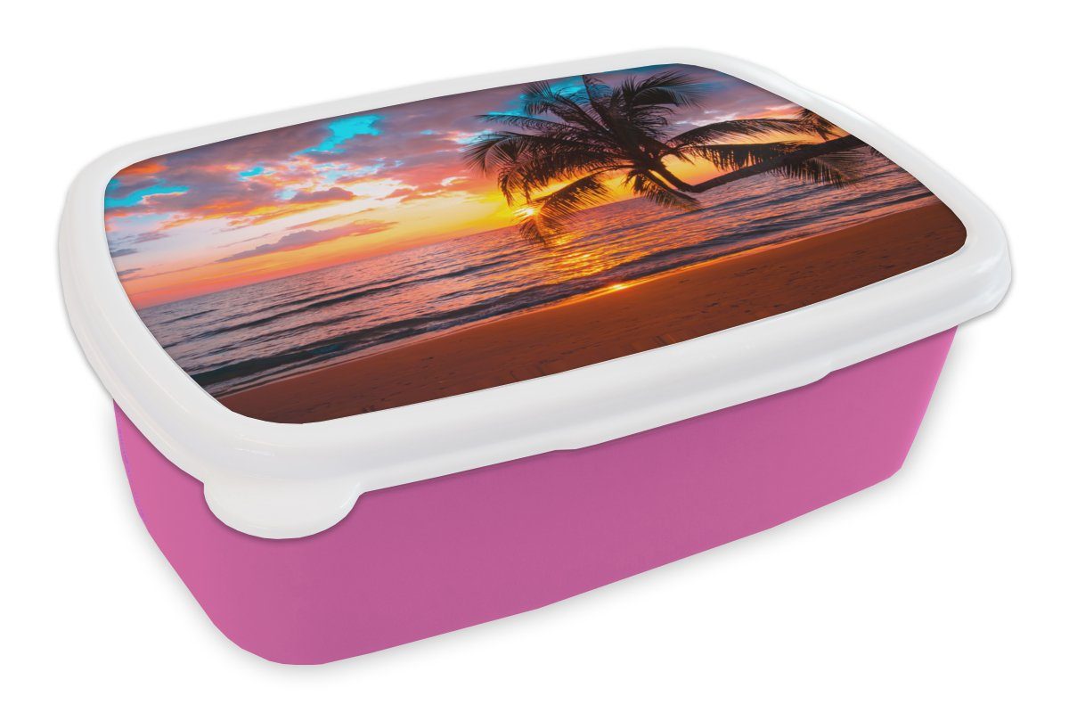 MuchoWow Brotdose Palme Kinder, - Mädchen, - - Horizont, Kunststoff, Meer Erwachsene, rosa (2-tlg), für Sonnenuntergang - Snackbox, Brotbox Lunchbox Strand Kunststoff
