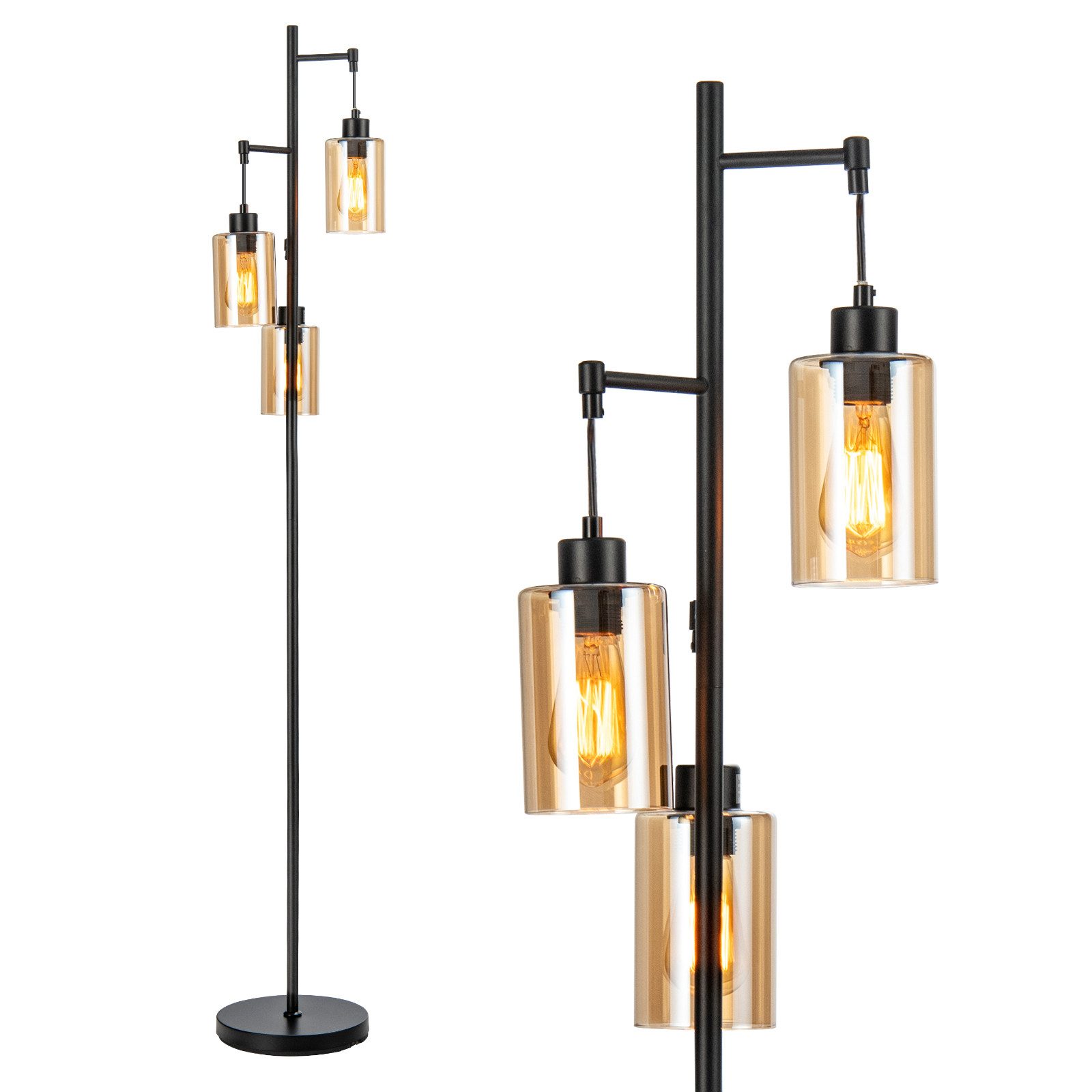 COSTWAY Stehlampe, 164cm mit 3 hängenden Braunglasschirmen & Fußschalter