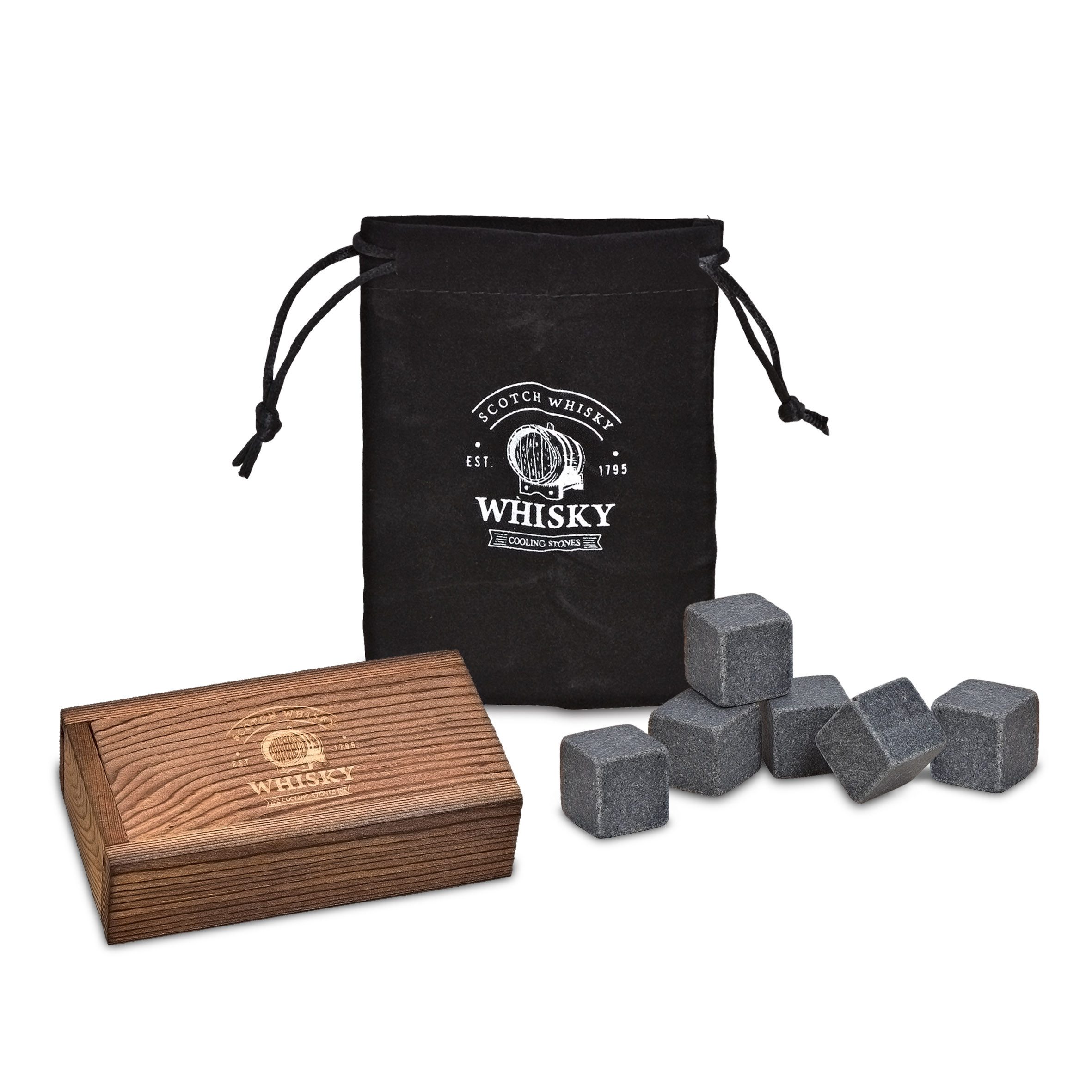 Woma Eiswürfel-Steine Basalt Whisky Steine Geschenk Set in edler Holzbox - 7-teilig, Wiederverwendbare Kühlwürfel inklusive Samtbeutel