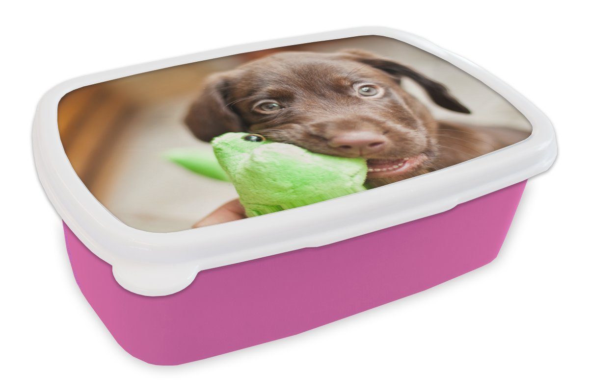 MuchoWow Lunchbox Labrador-Welpe frisst Blatt, Kunststoff, (2-tlg), Brotbox für Erwachsene, Brotdose Kinder, Snackbox, Mädchen, Kunststoff rosa