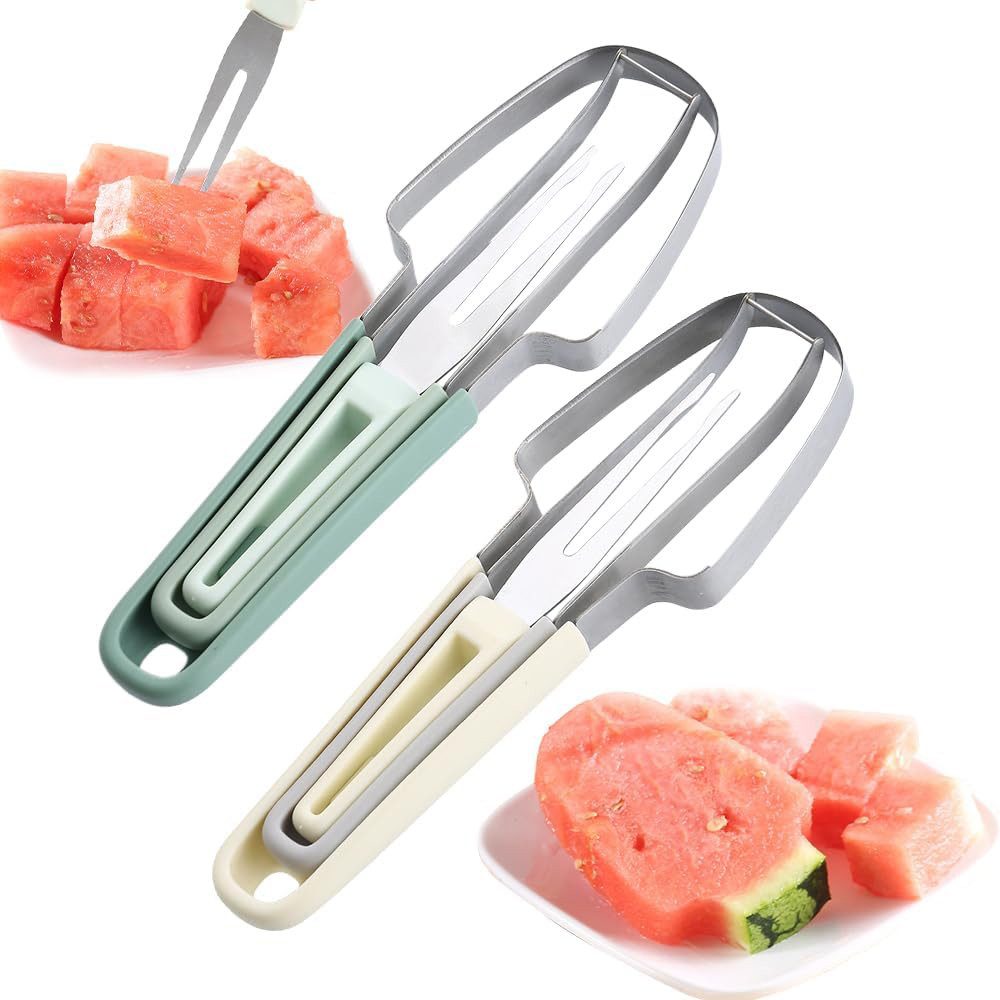 Coonoor Obstschneider 3-in-1 Obstschneider aus Edelstahl, Sommer Fruchtschneidegabel, (2-tlg), Wassermelone-Schneidewerkzeug, Doppelkopf-Obstgabeln-Schneidemesser