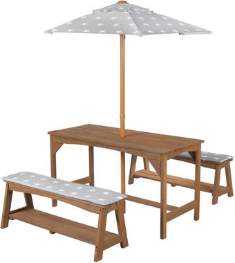roba® Garten-Kindersitzgruppe Outdoor+, (Set, 3-tlg), Tisch und 2 Bänke mit Sitzauflage, Schirmset